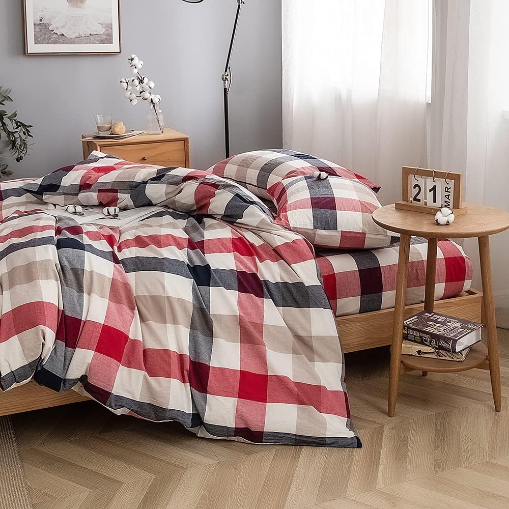 Thumbnail 2 de FACE TWO FACE Twin Duvet Cover Set, 100% Washed Cotton, Blue Red Grid