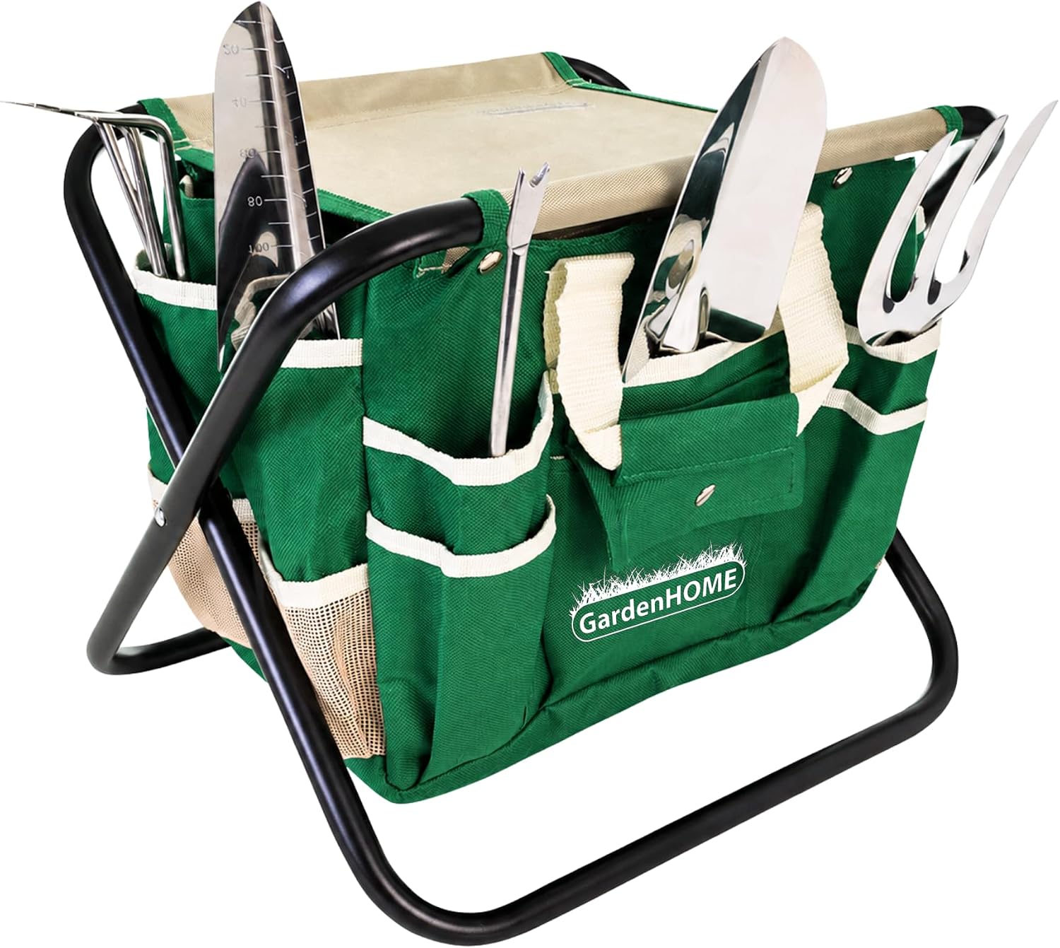 GardenHOME Set di attrezzi da giardino 7 pezzi con sgabello pieghevole e borsa