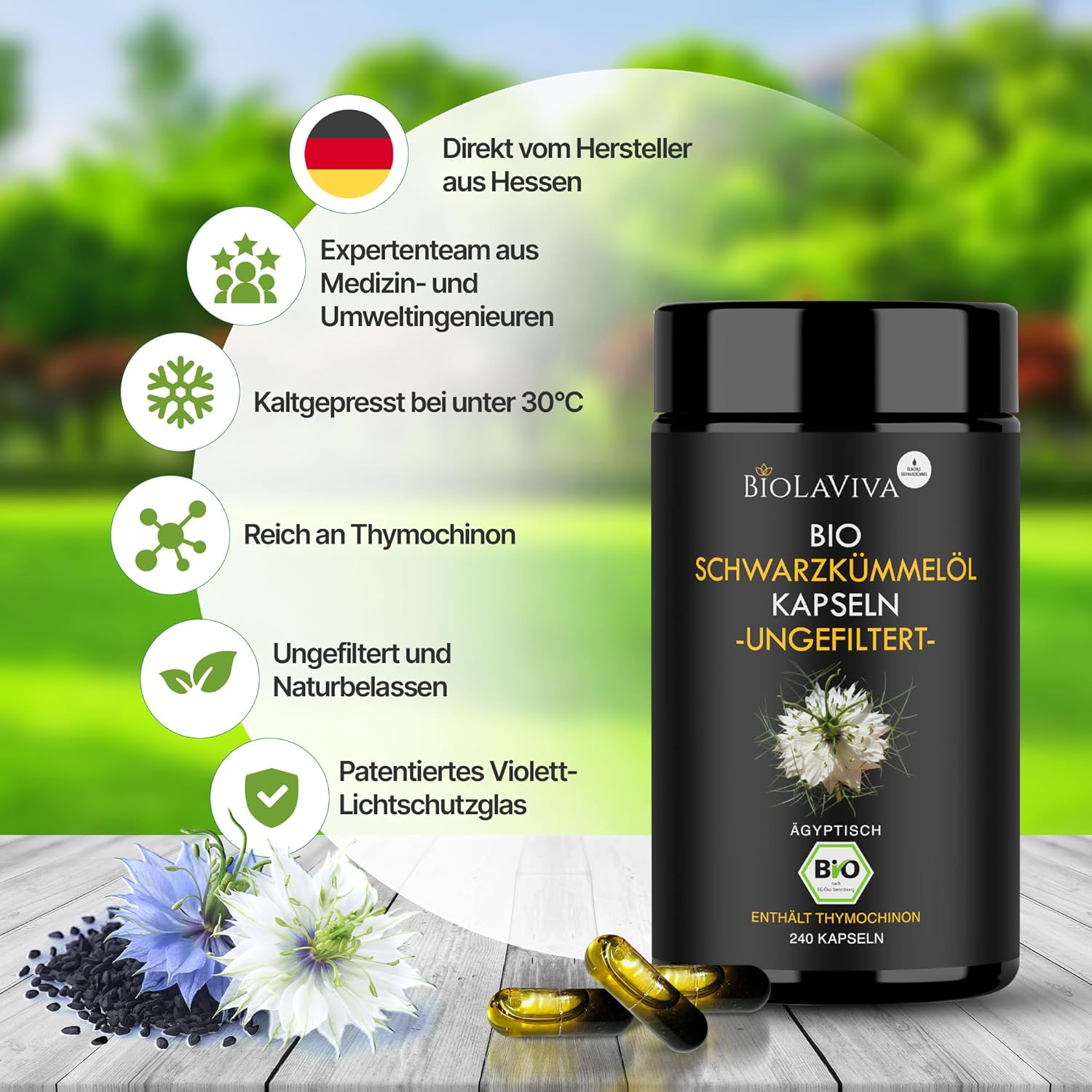 Thumbnail 3 de Premium BIO Schwarzkümmelöl Kapseln (ungefiltert) – reich an Thymochinon, 240 vegane Kapseln im lichtgeschützten Violettglas