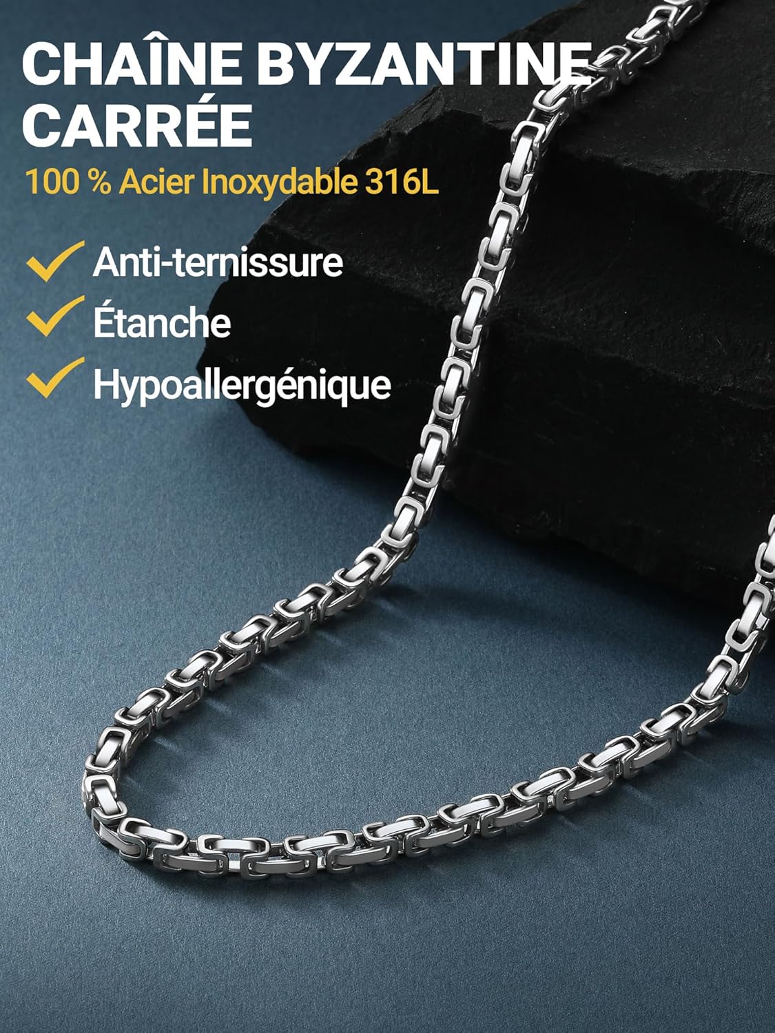 Thumbnail 2 de PROSTEEL Chaine Byzantine homme en acier inoxydable 4/6 mm bicolore plaqué or/noir (46 à 76 cm)