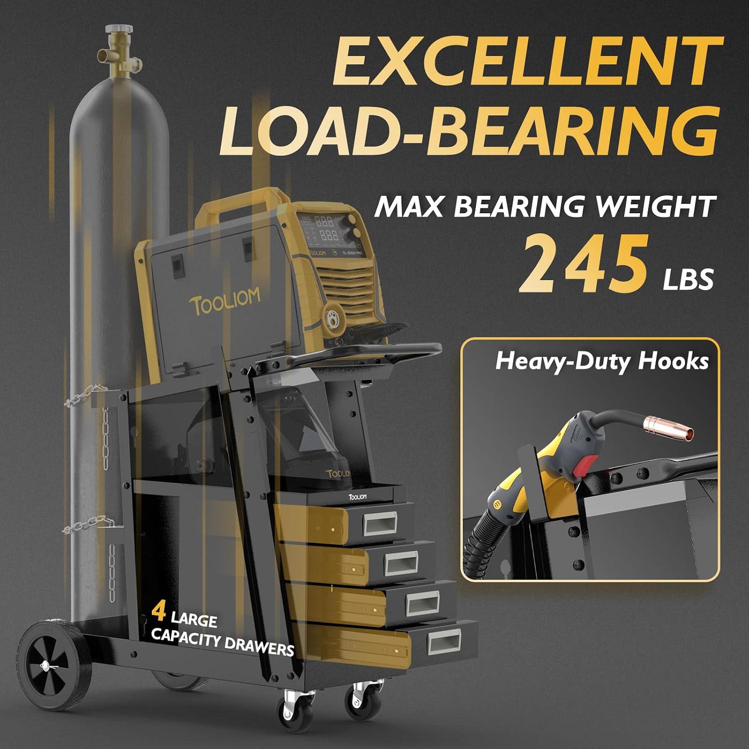 Detalle de TOOLIOM Welding Cart with 4 Drawers Cabinet — 360° Swivel Welder Trolley