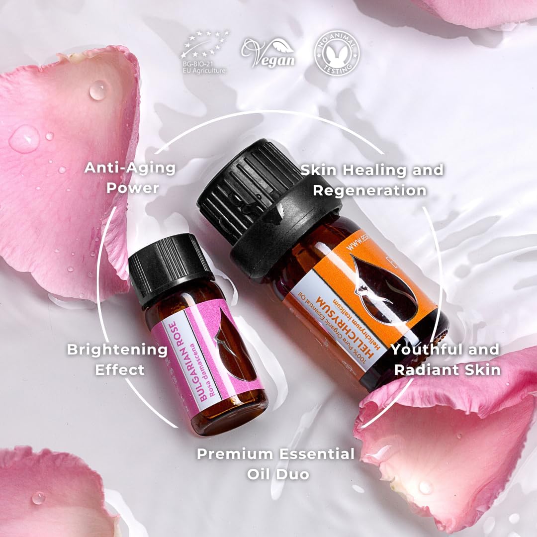 Detalle 2 de Set di oli essenziali biologici “Lusso” Elicriso (5 ml) + Rosa (3 ml) 100% puro e non diluito
