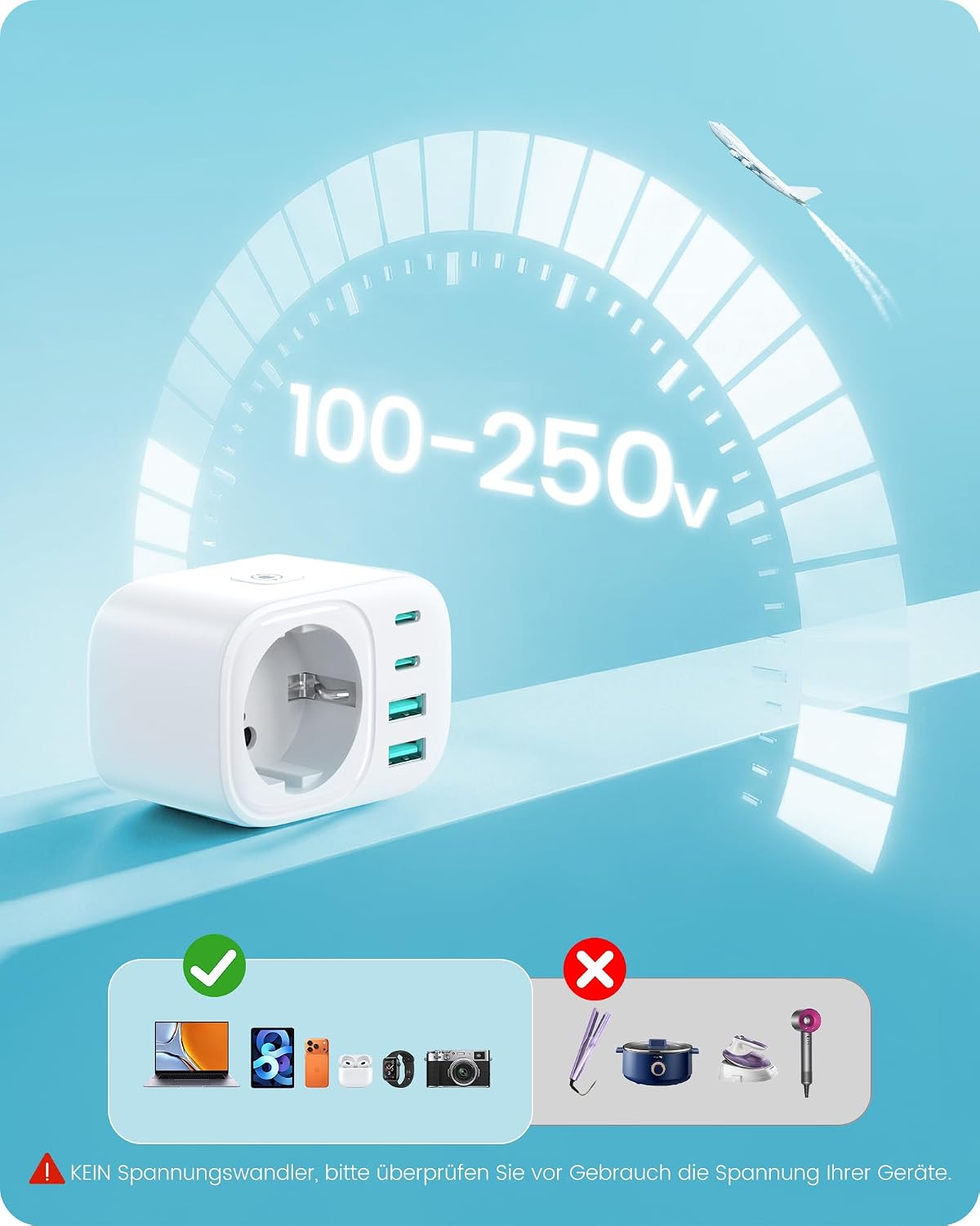 Detalle de LENCENT Reiseadapter Weltweit Set Typ A–I – 6 Steckertypen, USB Schnellladung, kompakt