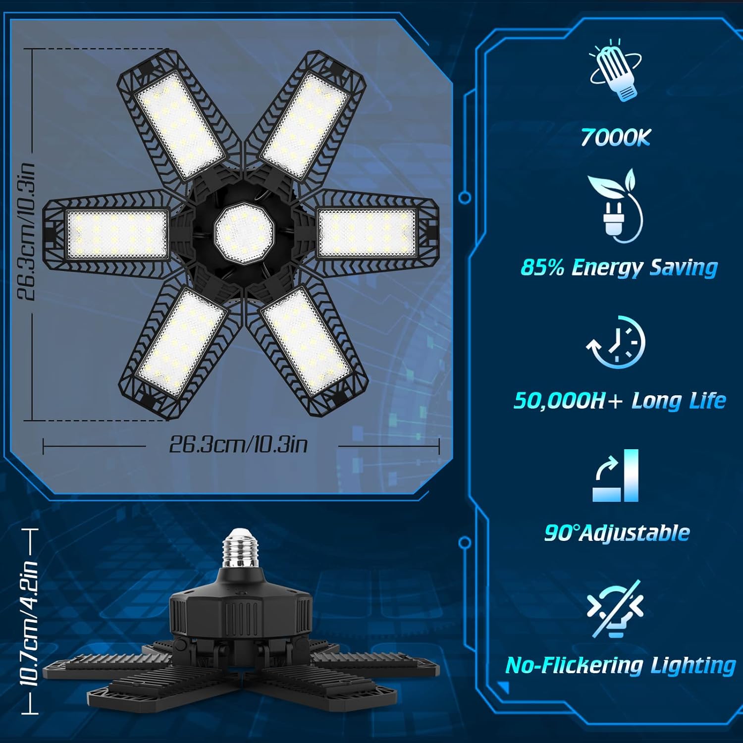Detalle 2 de TASINUO 185W LED Garage Lighting – 4 Pack with 6+1 Deformable Panels, 18500LM, 6500K