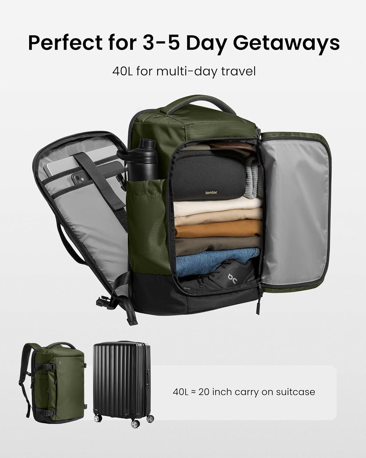 Detalle de tomtoc Travel Backpack 40L (Navigator-T66 Liteway) – TSA-friendly 40L carry-on for business trips with 17.3in laptop space