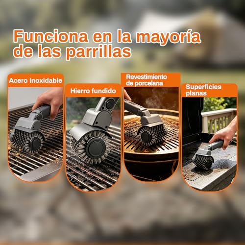 Detalle 2 de Hiwoor Cepillo Eléctrico para Barbacoa 3 en 1: 3 Cabezas, 150 Min Autonomía, Inalámbrico y 3 Velocidades