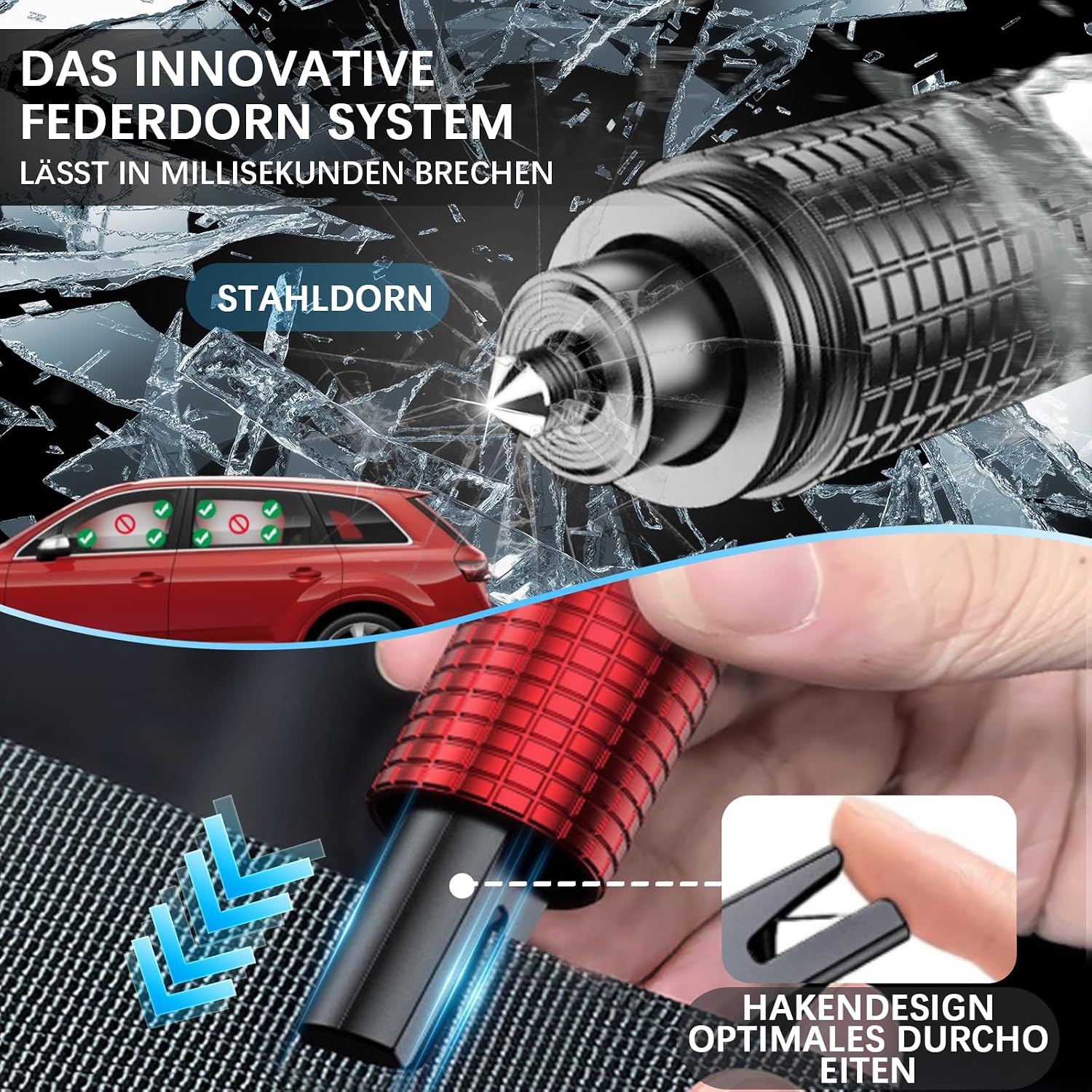 Detalle de Queltrix 2-in-1 Notfallhammer mit Gurtschneider (2 Stück, nachleuchtend) und Glasbrecher
