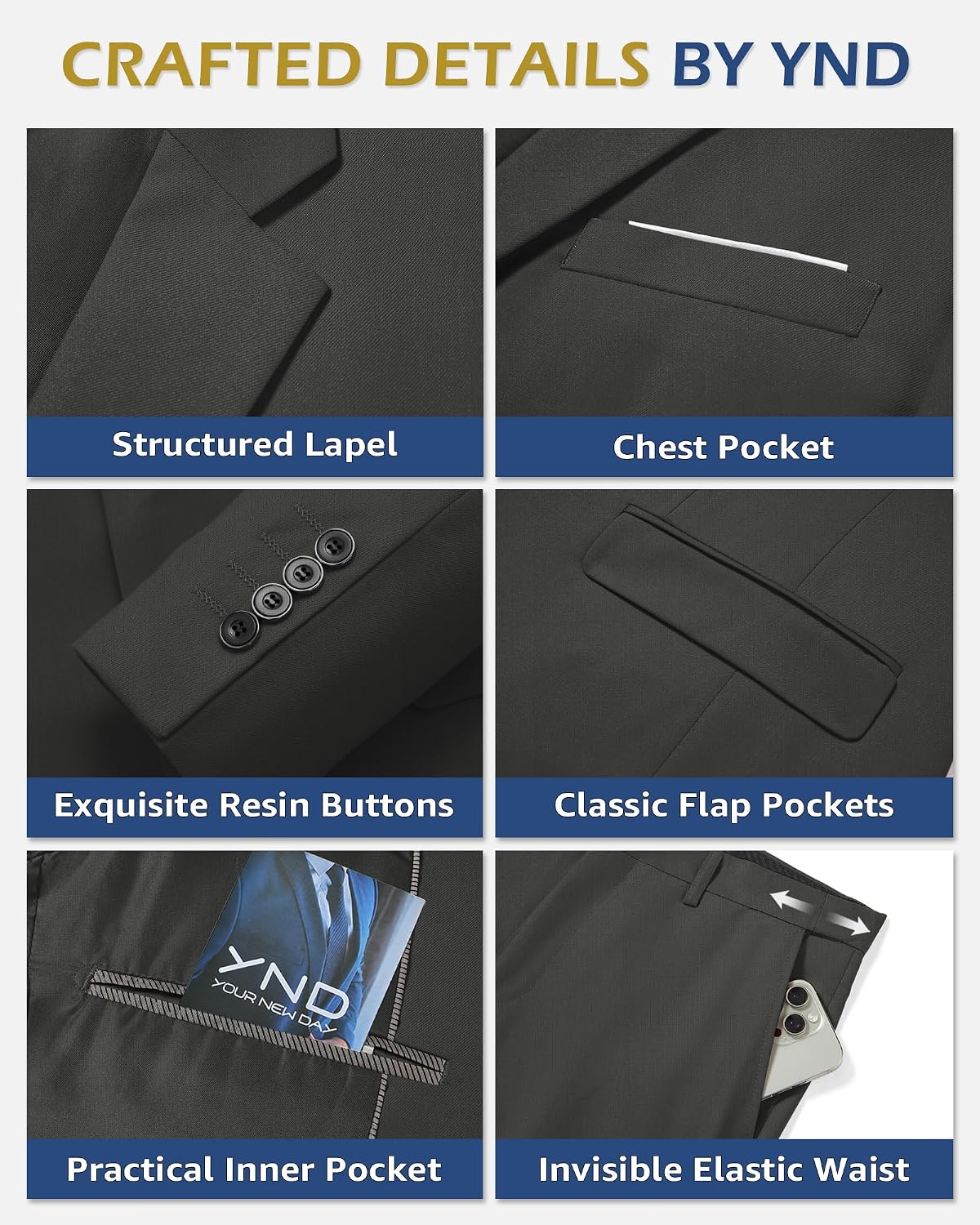 Detalle de YND Men's 3 Piece Suit Set Slim Fit