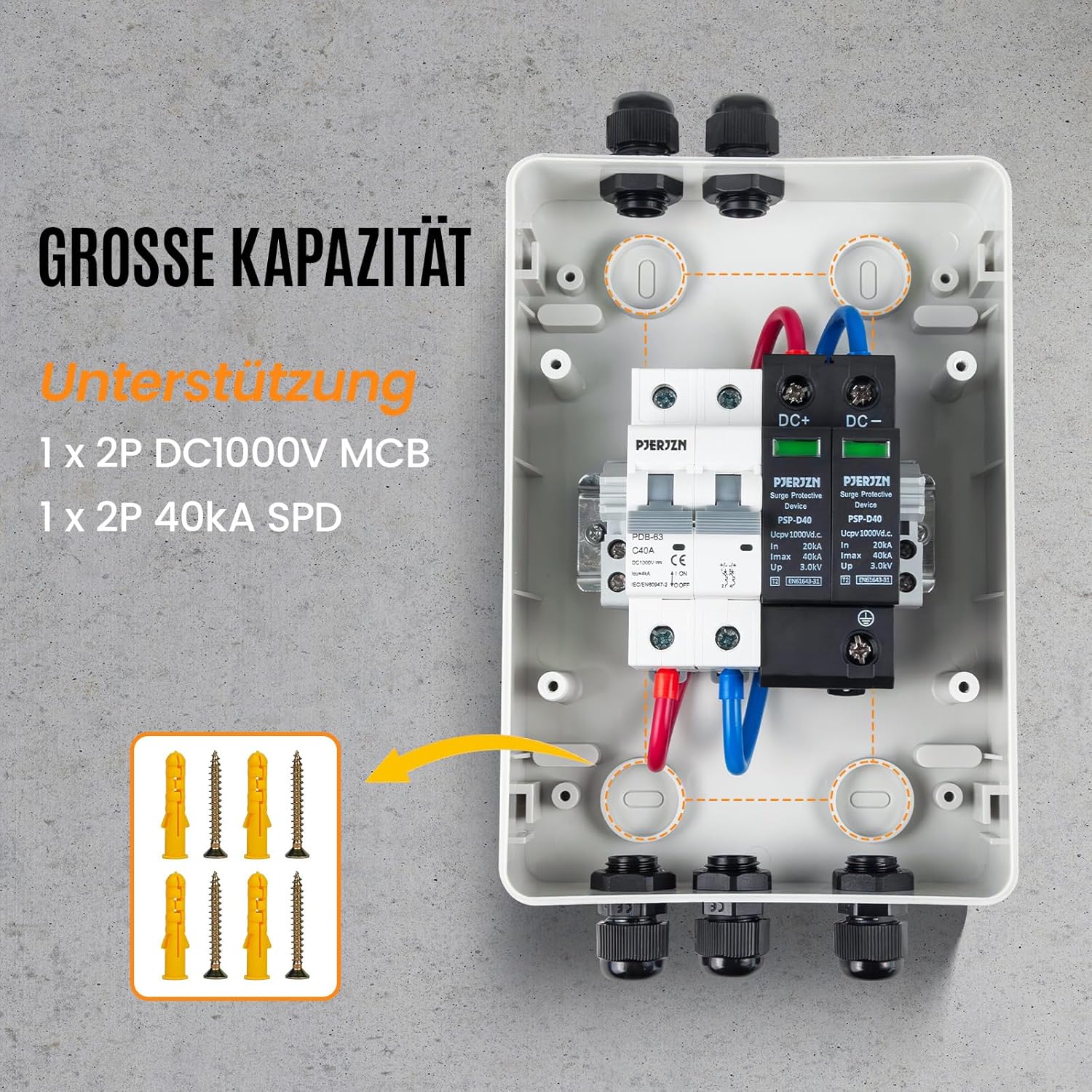 Thumbnail 5 de PJERJZN Solar Kombigerät 1-in-1-Out / 2-in-2-Out / 4-in-4-Out – 1000V DC/40A LS-Schalter, SPD 20-40KA, IP65