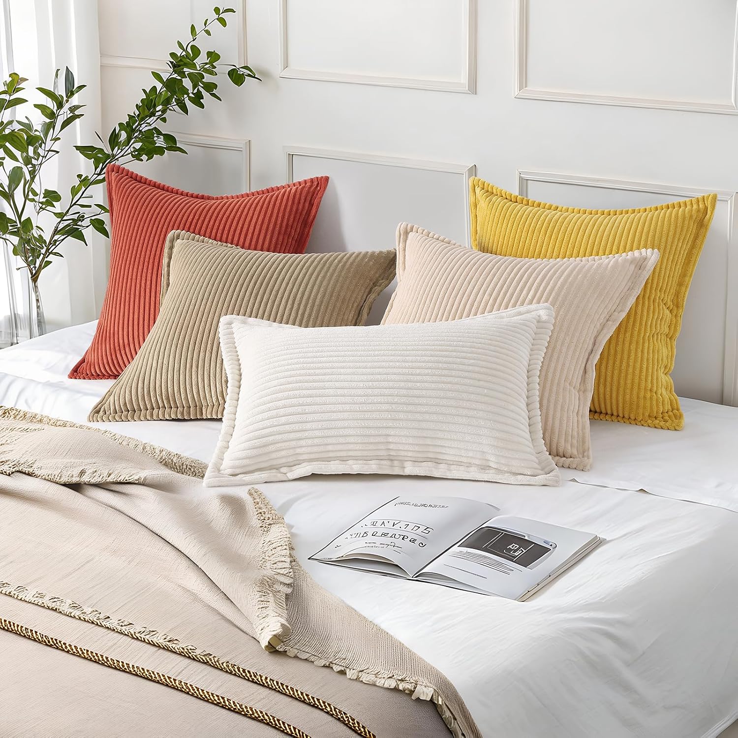 Thumbnail 6 de Mecatny Corduroy Spring Throw Pillow Covers (18x18) — Set of 2, Cream White Neutral Boho Accent
