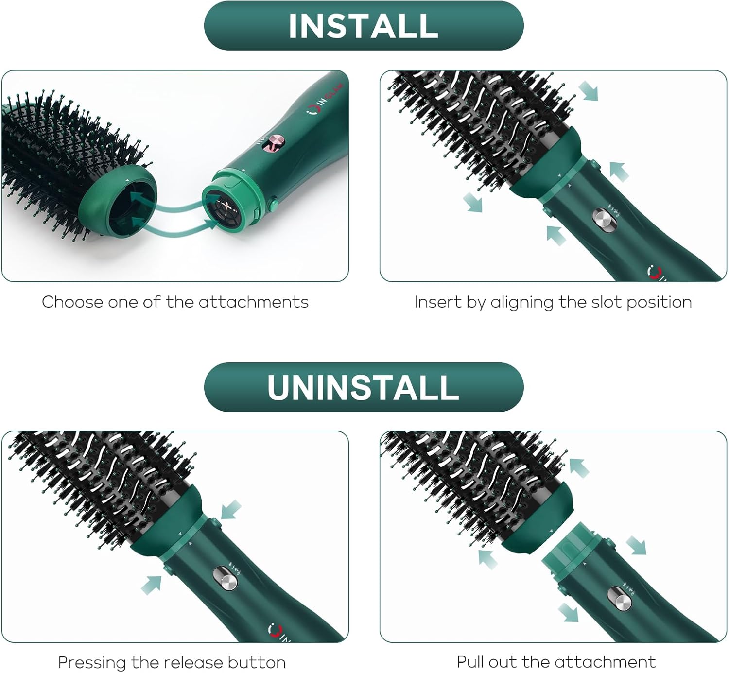 Detalle de IG INGLAM 4-in-1 Detachable Hair Dryer Brush with Oval Titanium Barrel (Dark Green)