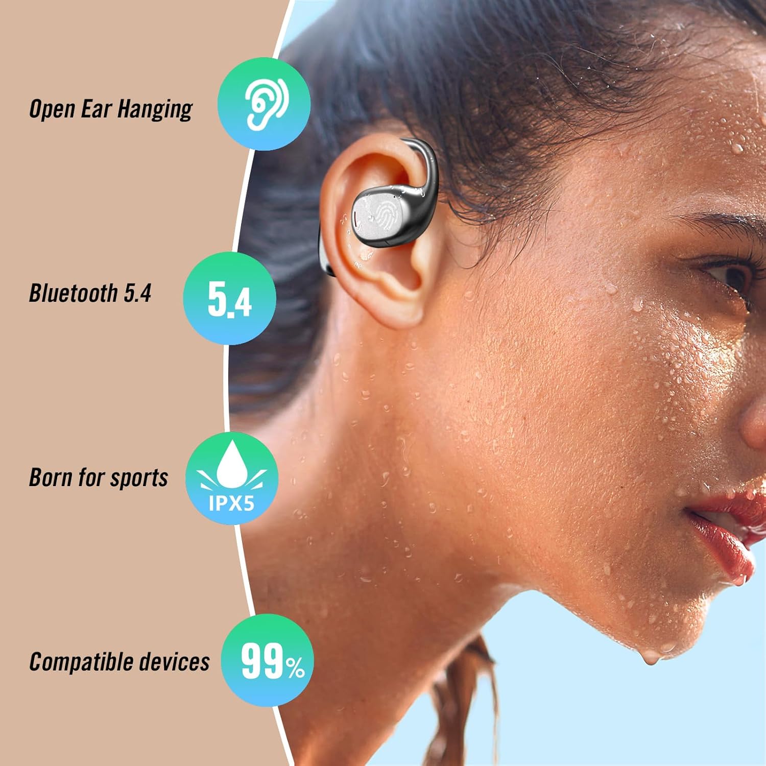 Detalle de YESUBELU Open Ear Wireless Headphones — Bluetooth 5.4, 36H Playtime, IPX5, Open-Ear Design for Running