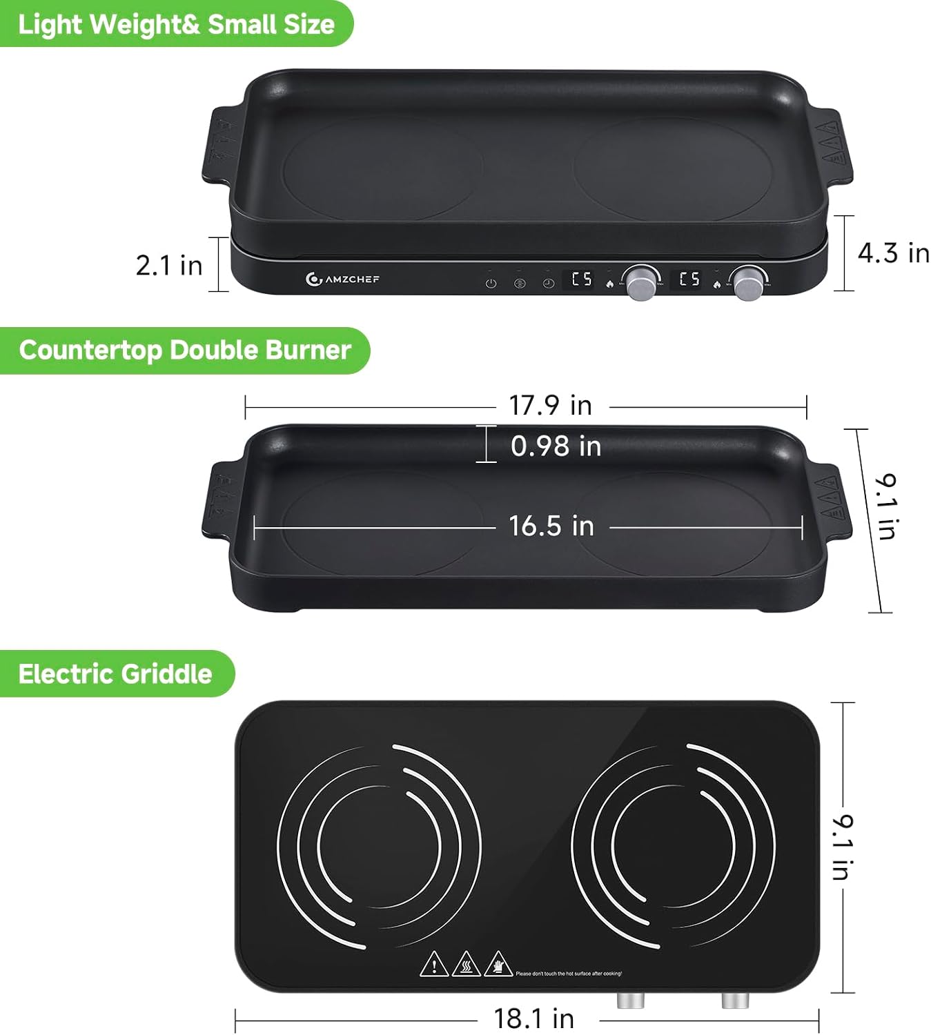 Detalle de AMZCHEF Double Induction Cooktop with Removable Griddle Pan – 2 Burners, 1800W, Sensor Touch & 9 Power Levels