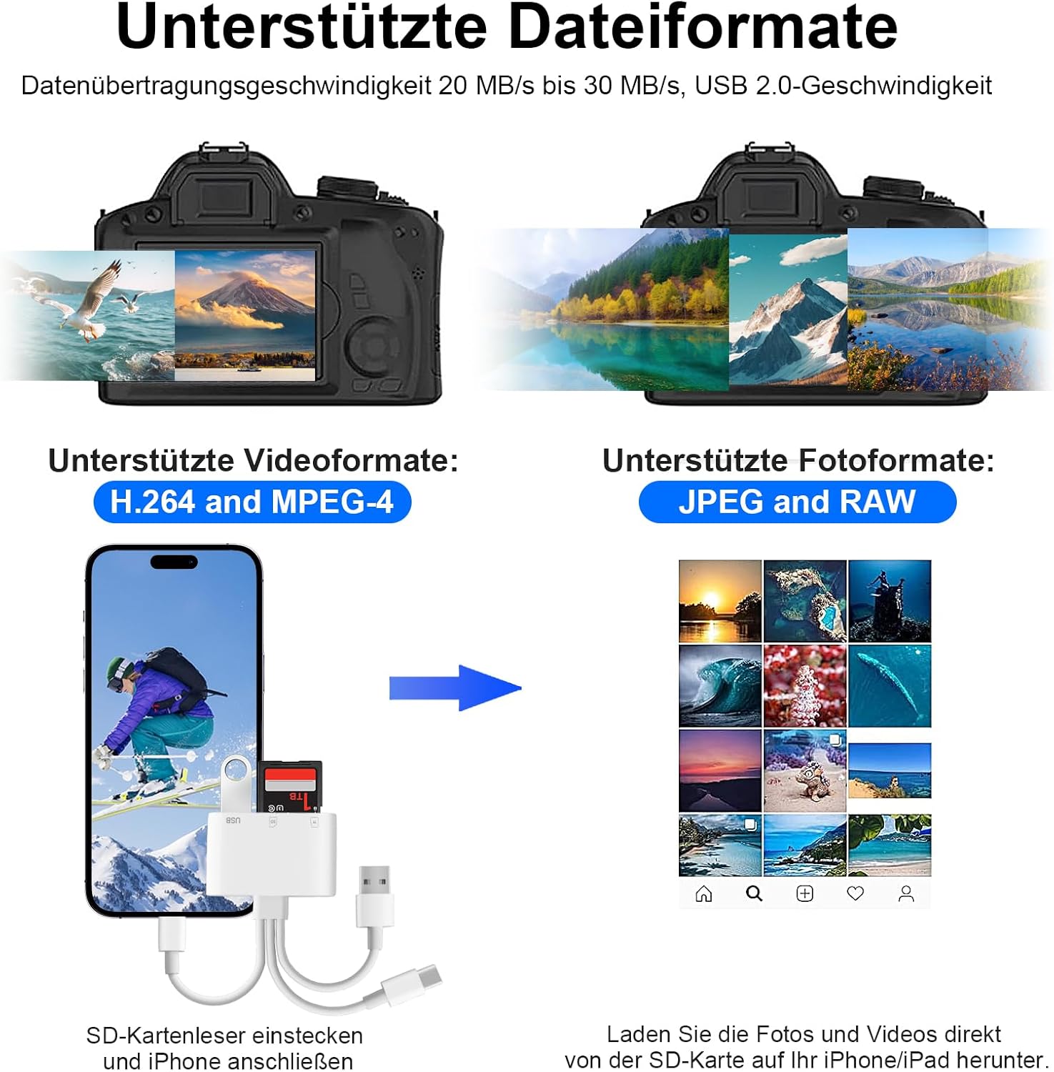 Detalle de Dalimee SD Kartenleser USB-C/USB-A/Lightning – vielseitiger 3-in-1 Kartenleser für iPhone, iPad, MacBook, PC und Android