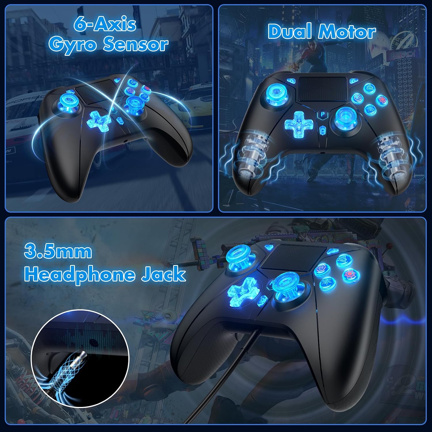 Detalle de Dinosoo RGB Wireless Controller with LED Light & Remap Back Buttons for PS5, PC