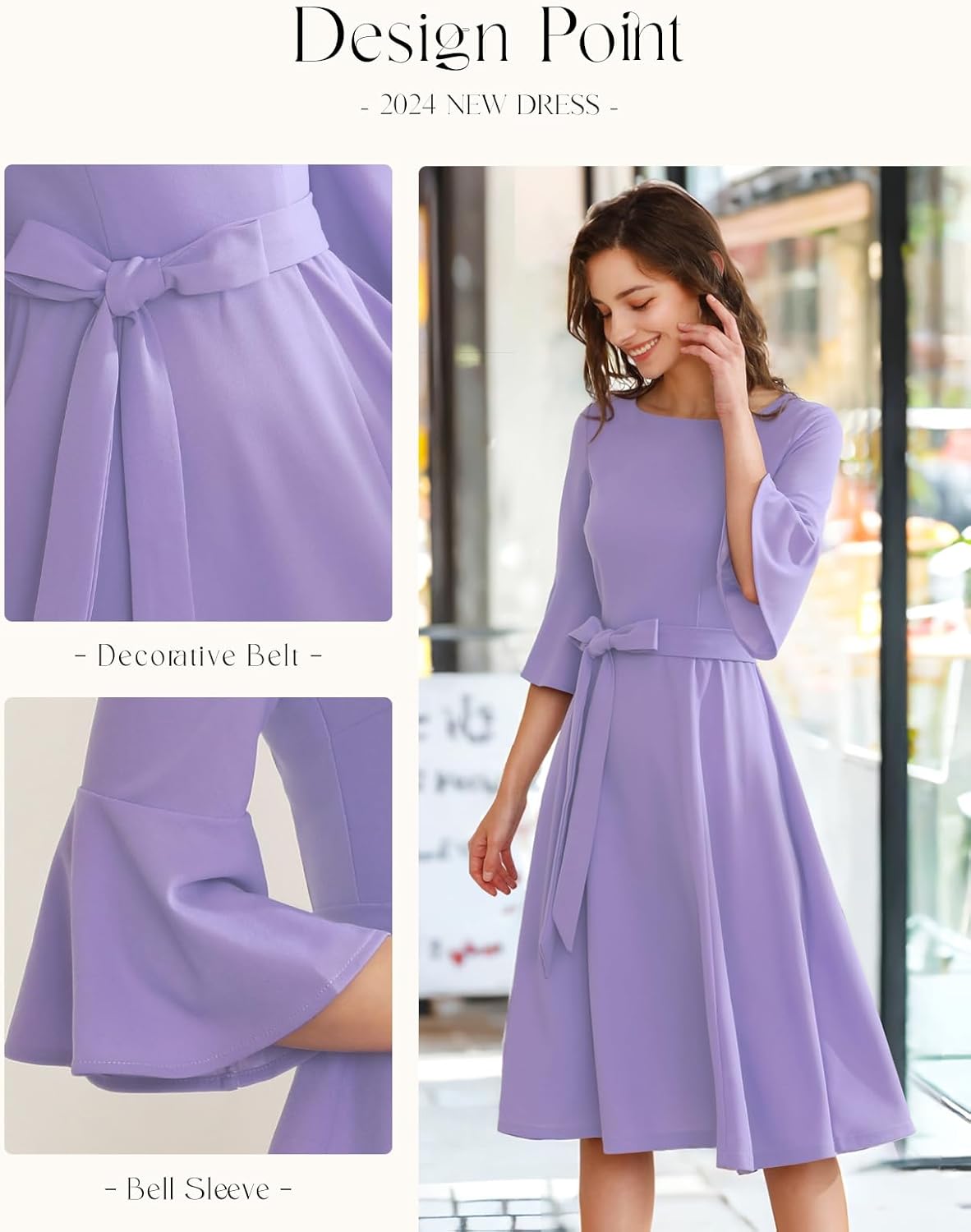 Thumbnail 3 de HomRain Women’s Modest Church Dress with Bell Sleeves, Vintage A-Line Midi