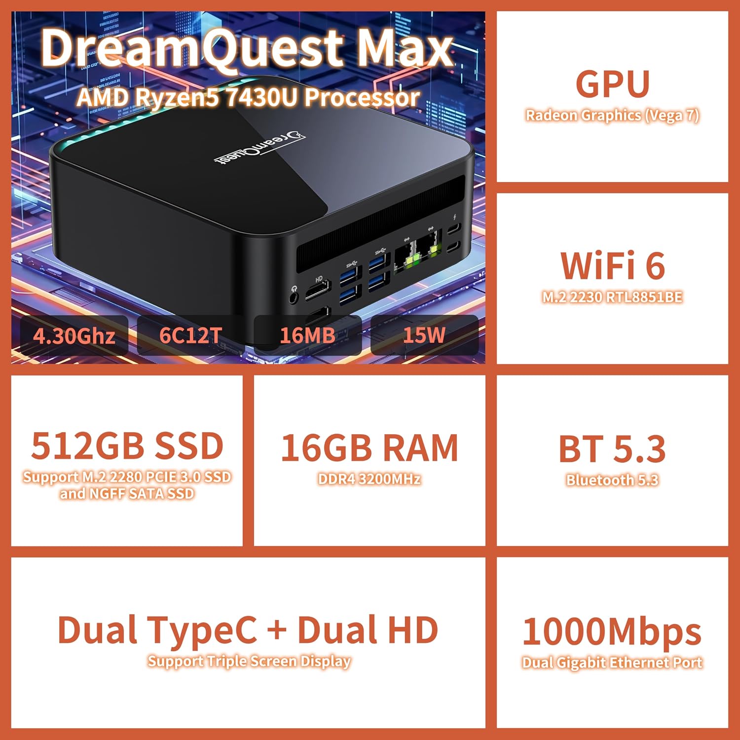 Detalle de DreamQuest Mini PC Windows 11 Pro mit Ryzen 5 7430U – kompakt, leistungsstark und vielseitig
