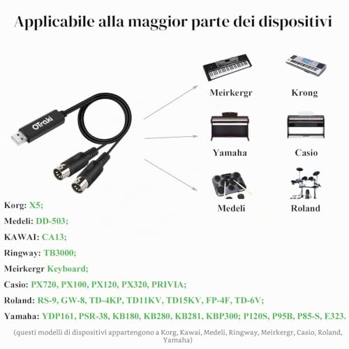 Detalle 2 de OTraki Cavo MIDI 5-Pin DIN a USB Interfaccia Converter 1 In 1 Out – Controllo MIDI affidabile per tastiere, batterie elettroniche e studi musicali