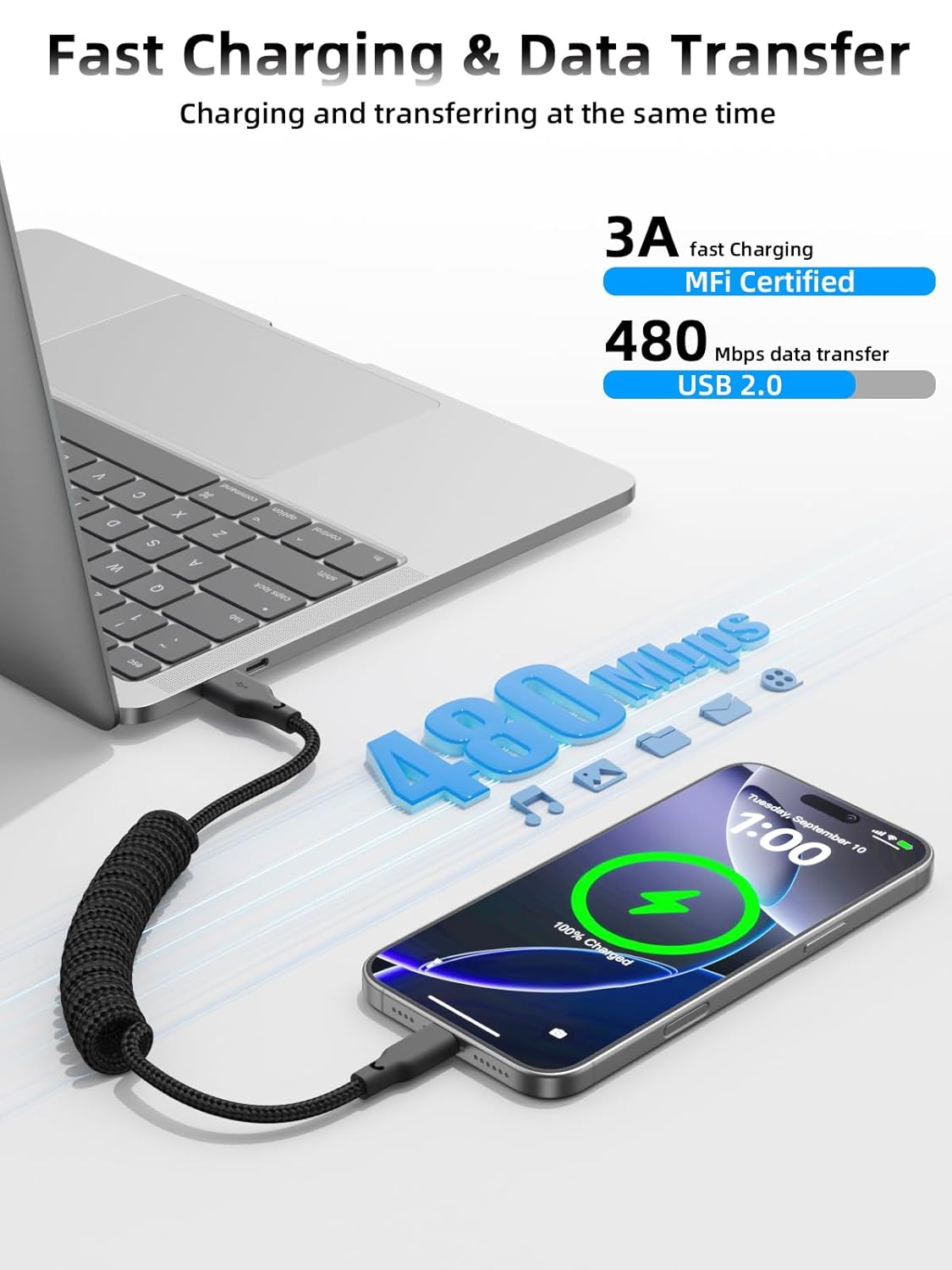 Thumbnail 6 de Quickeep Car Carplay Cable 3ft Coiled USB A to C