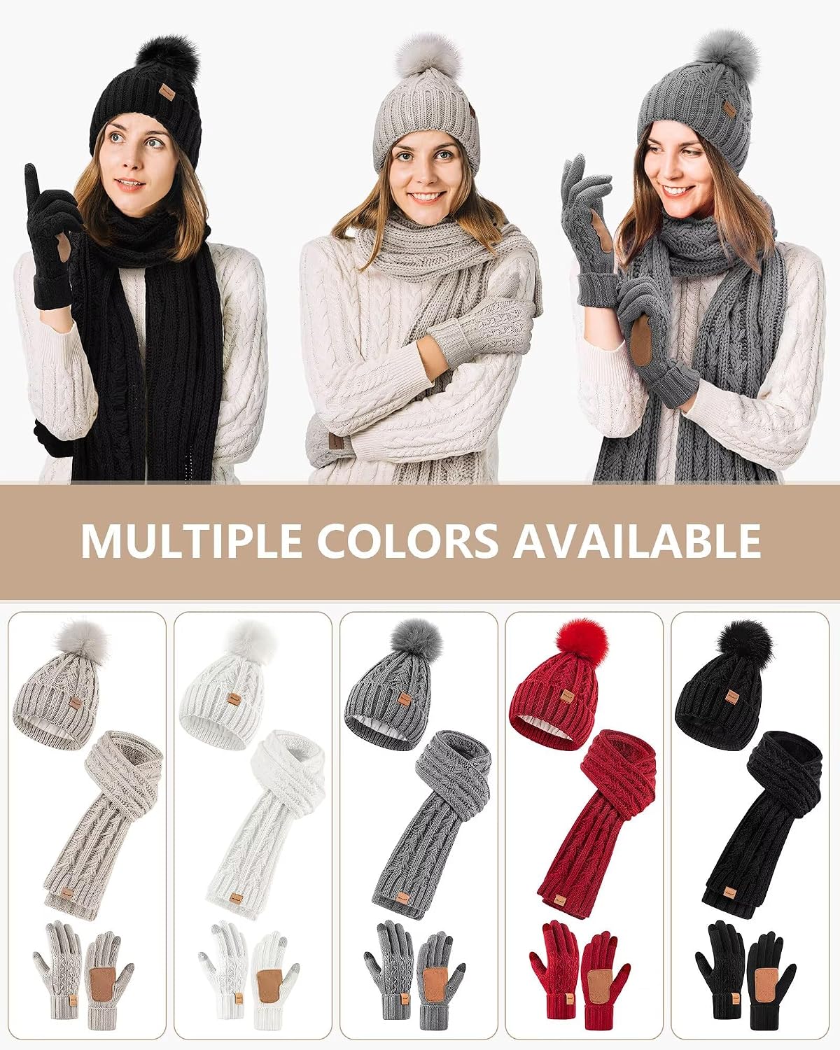 Detalle 2 de Winuesa Women's Winter Hat, Scarf, and Gloves Set, 3-in-1