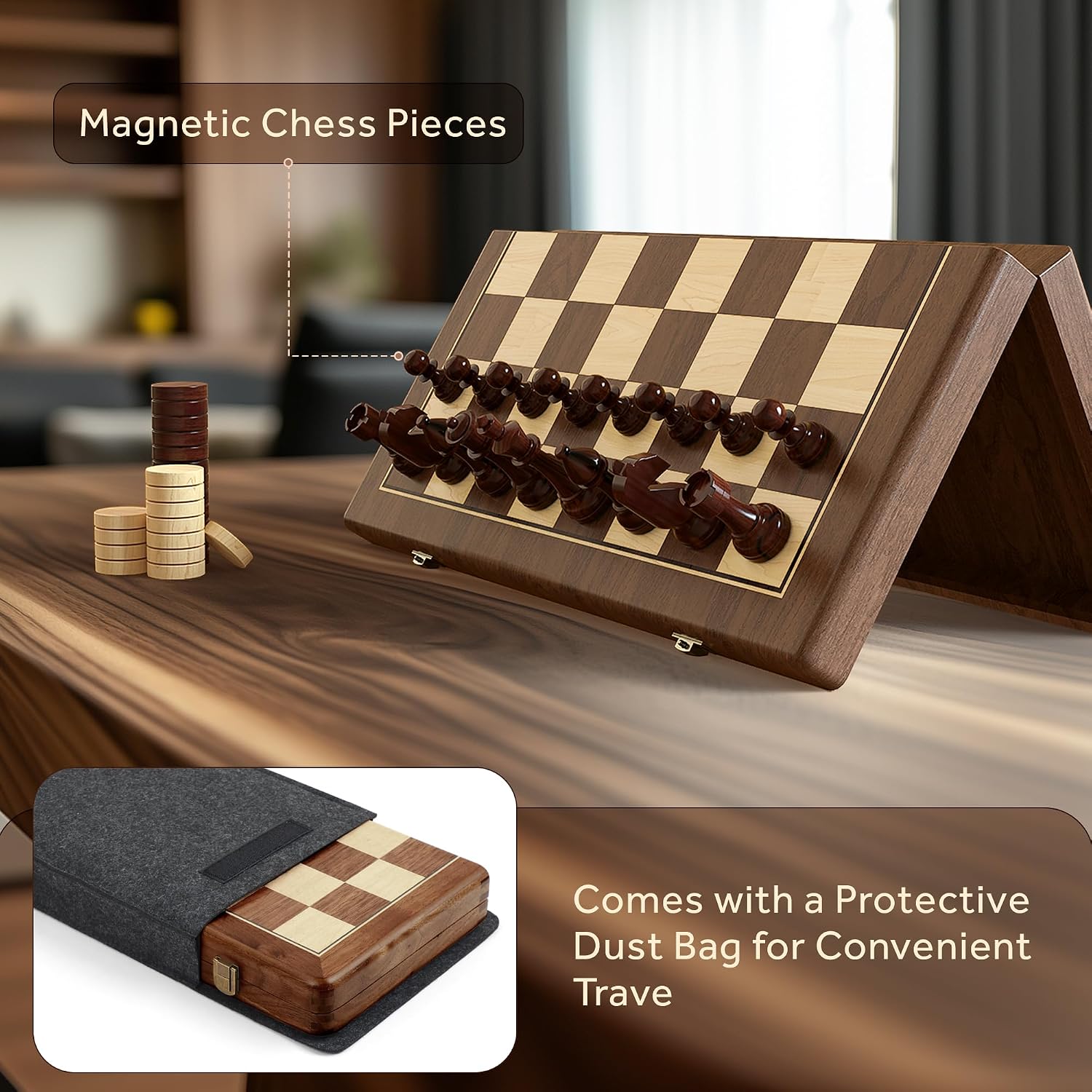 Thumbnail 6 de Premium 38 cm Walnuss magnetisches Schach- und Dame-Set 🧩