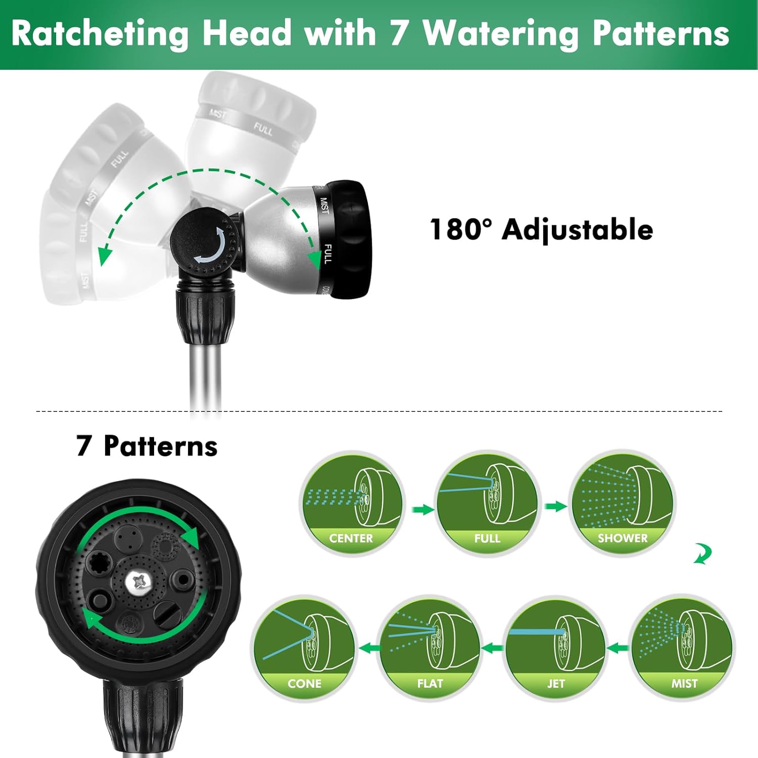 Thumbnail 3 de RESTMO 91–152 cm telescopic metal watering wand with 180° ratcheting head and 7 spray patterns