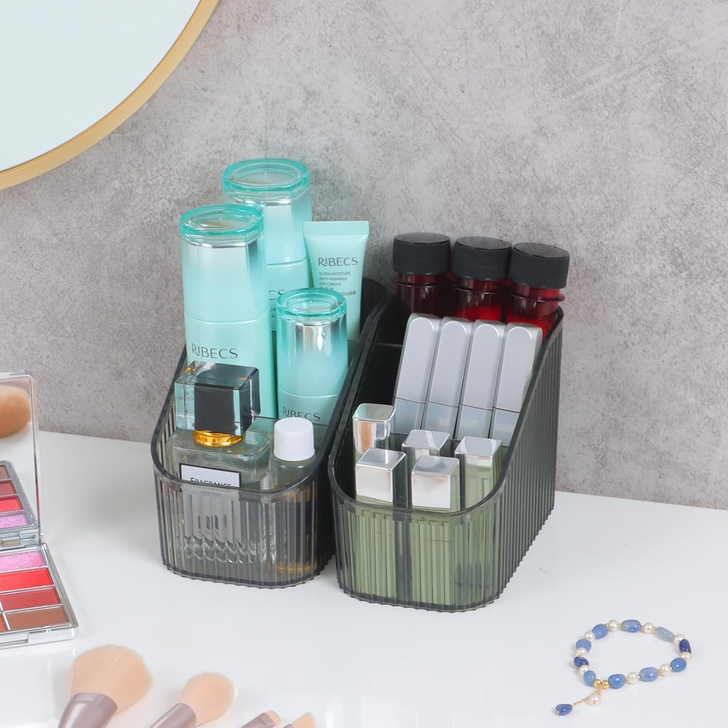 Detalle de OSteed Green Makeup Organiser Box for Vanity with 6 Cups