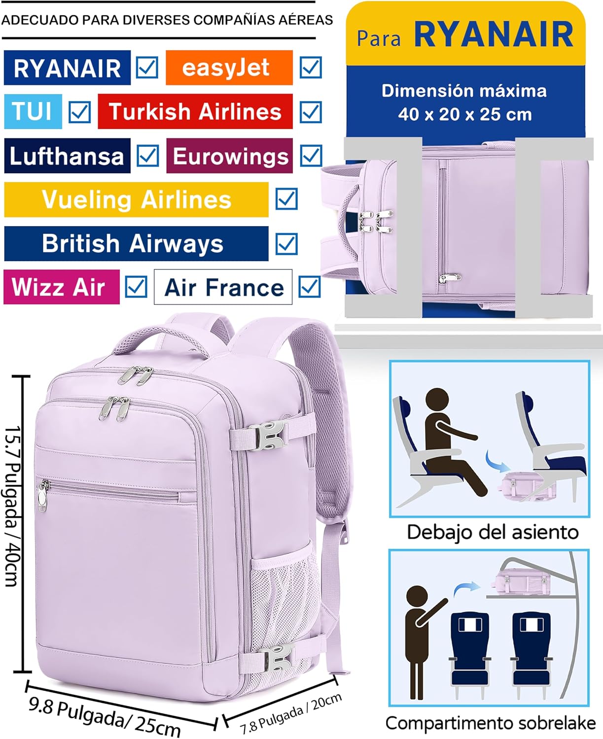 Detalle de KLOSTAIN Mochila de Cabina 40x20x25 cm (20 L) para Ryanair — Cabin Bag con Compartimentos para Portátil de 14" y Seguridad Antirrobo