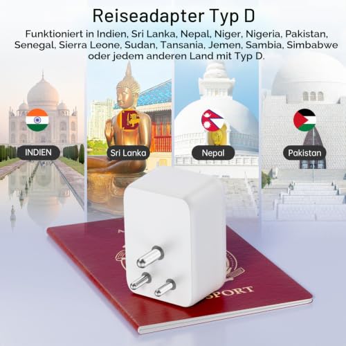 Detalle 2 de Sameriver Reiseadapter Indien – 4-in-1 Reise-Steckdosenadapter mit USB (2x USB-A, 1x USB-C) und Typ-D Anschluss
