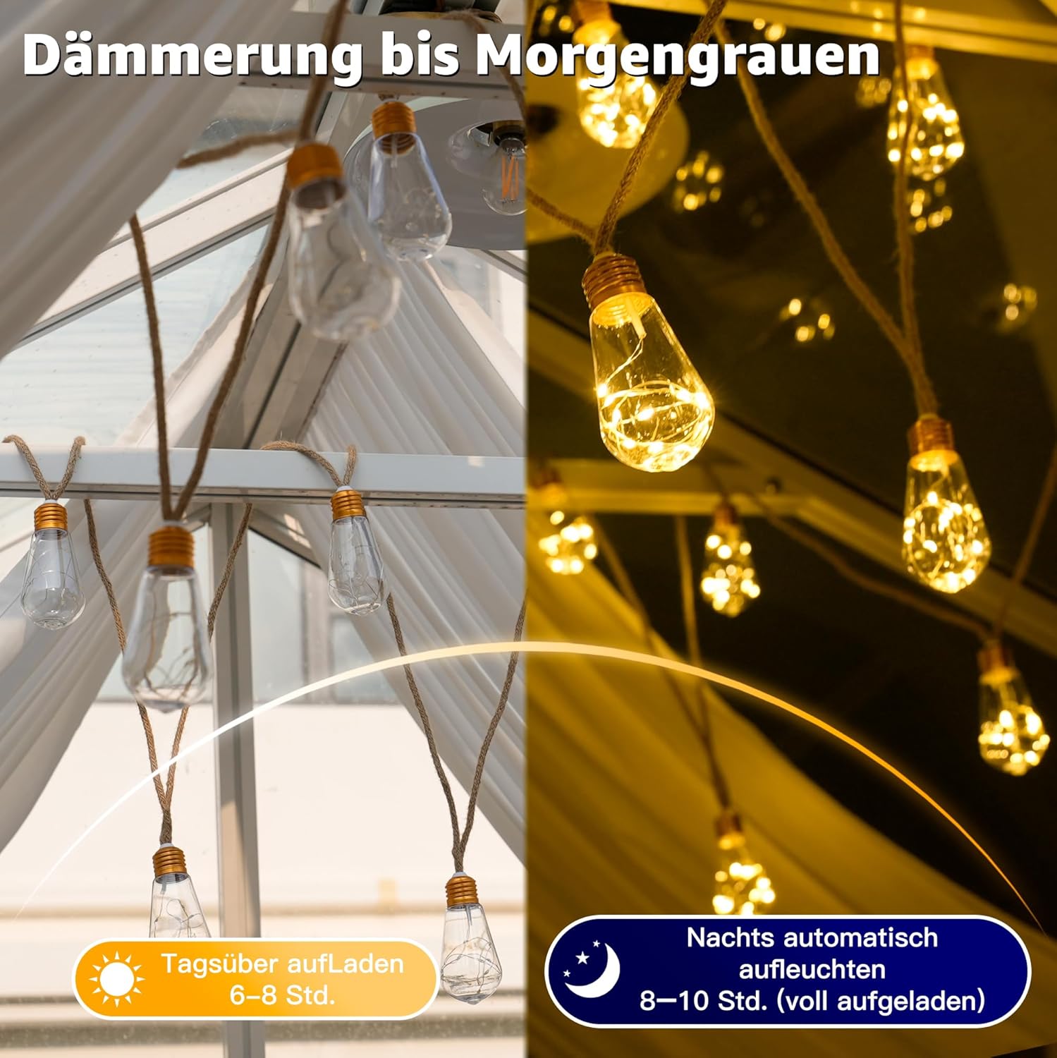 Thumbnail 3 de Ollny Solar-Lichterkette für außen mit 16 S17-Glühbirnen, 8 Modi & Timer (IP45) – USB und Fernbedienung