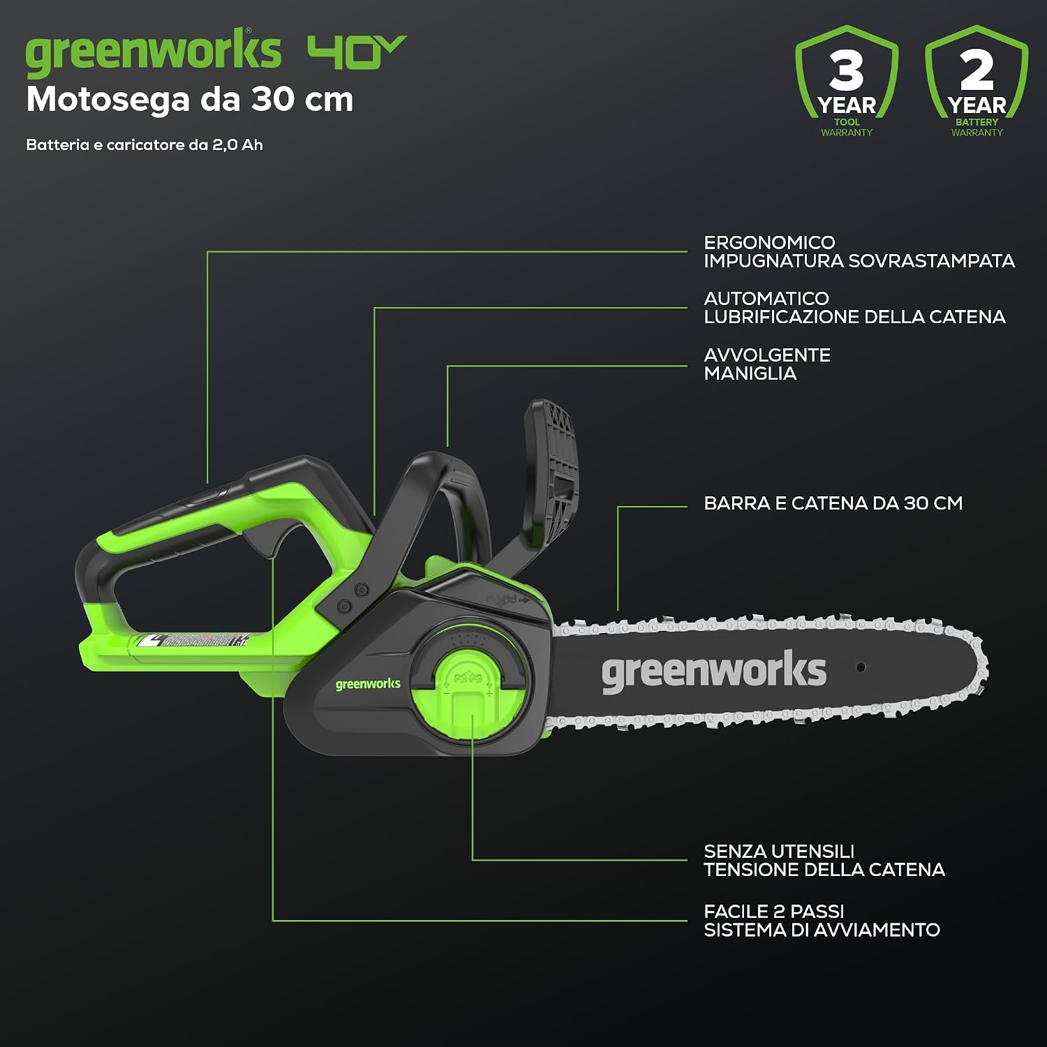 Detalle de Greenworks G40CS30IIK2 motosega a batteria 30 cm (barra 12”) 40V con catena 4,2 m/s e auto-lubrificazione