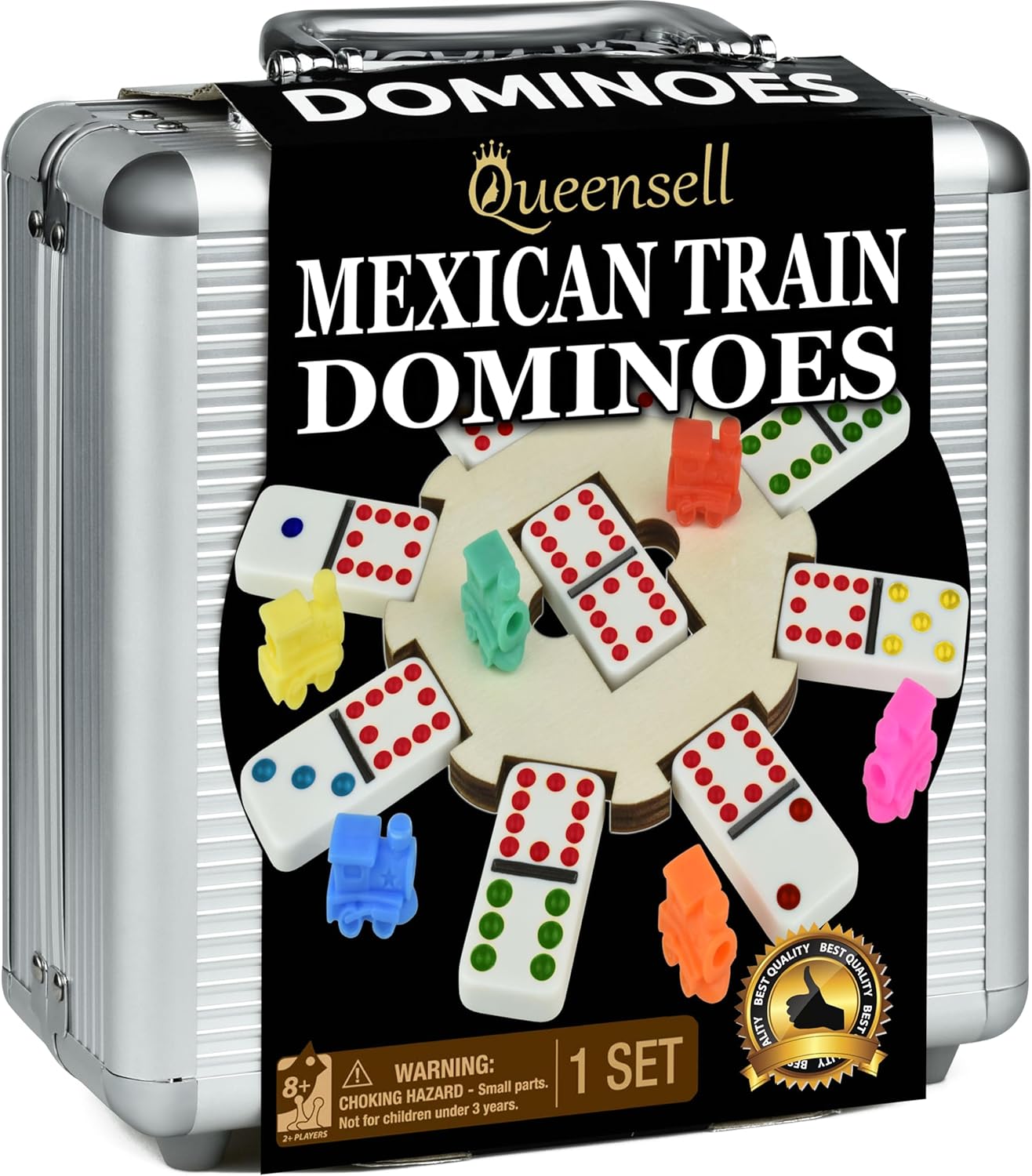 Detalle de Queensell Mexican Train Dominoes Set (Double 12) with Wooden Hub and Carry Case