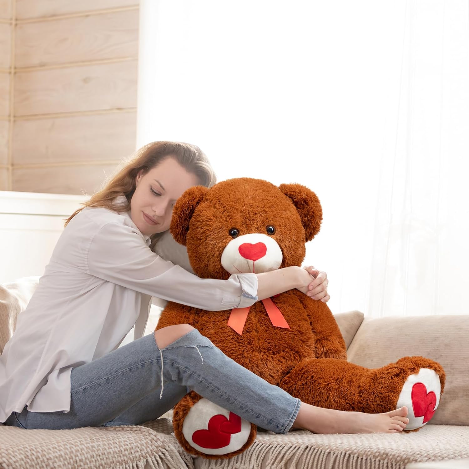 Thumbnail 2 de BEJOY Ours en peluche géant 91 cm – Ours marron doux avec cœurs rouges et nœud satiné