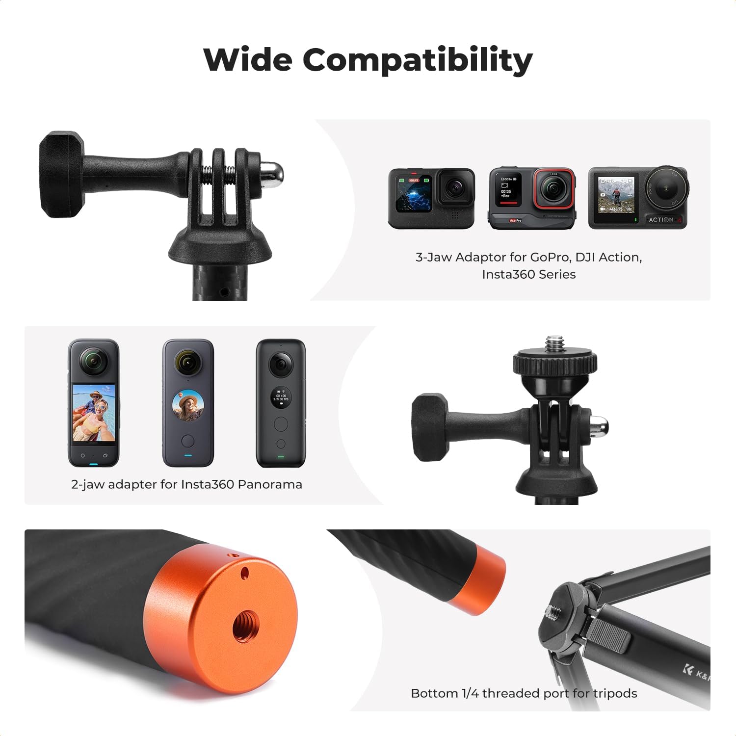 Detalle de K&F Concept MS21 Carbon Fibre Selfie Stick – 2 in 1, Invisible Design, Extendable to 120 cm