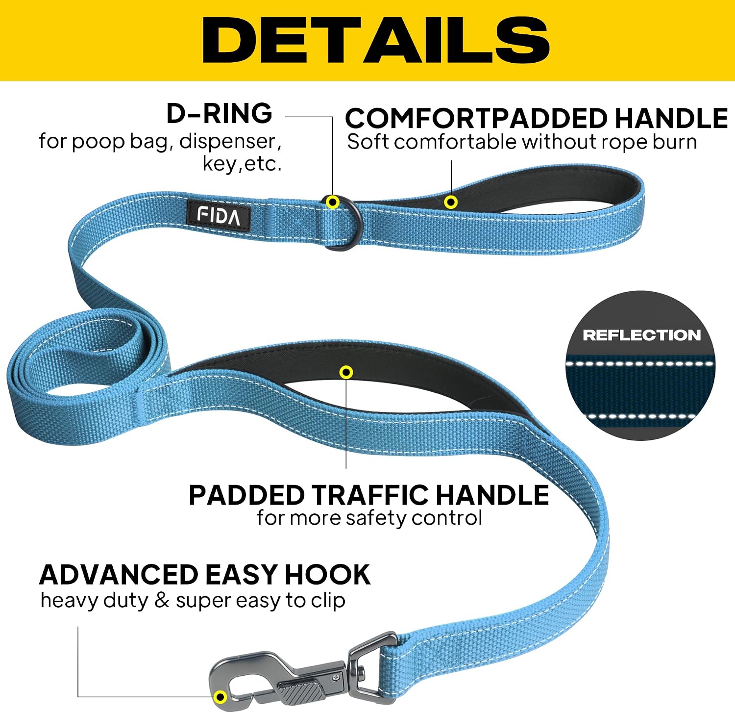 Detalle 2 de Fida Heavy Duty Dog Lead for Medium/Large Dogs – 1.2m with Traffic Handle & Reflective Webbing