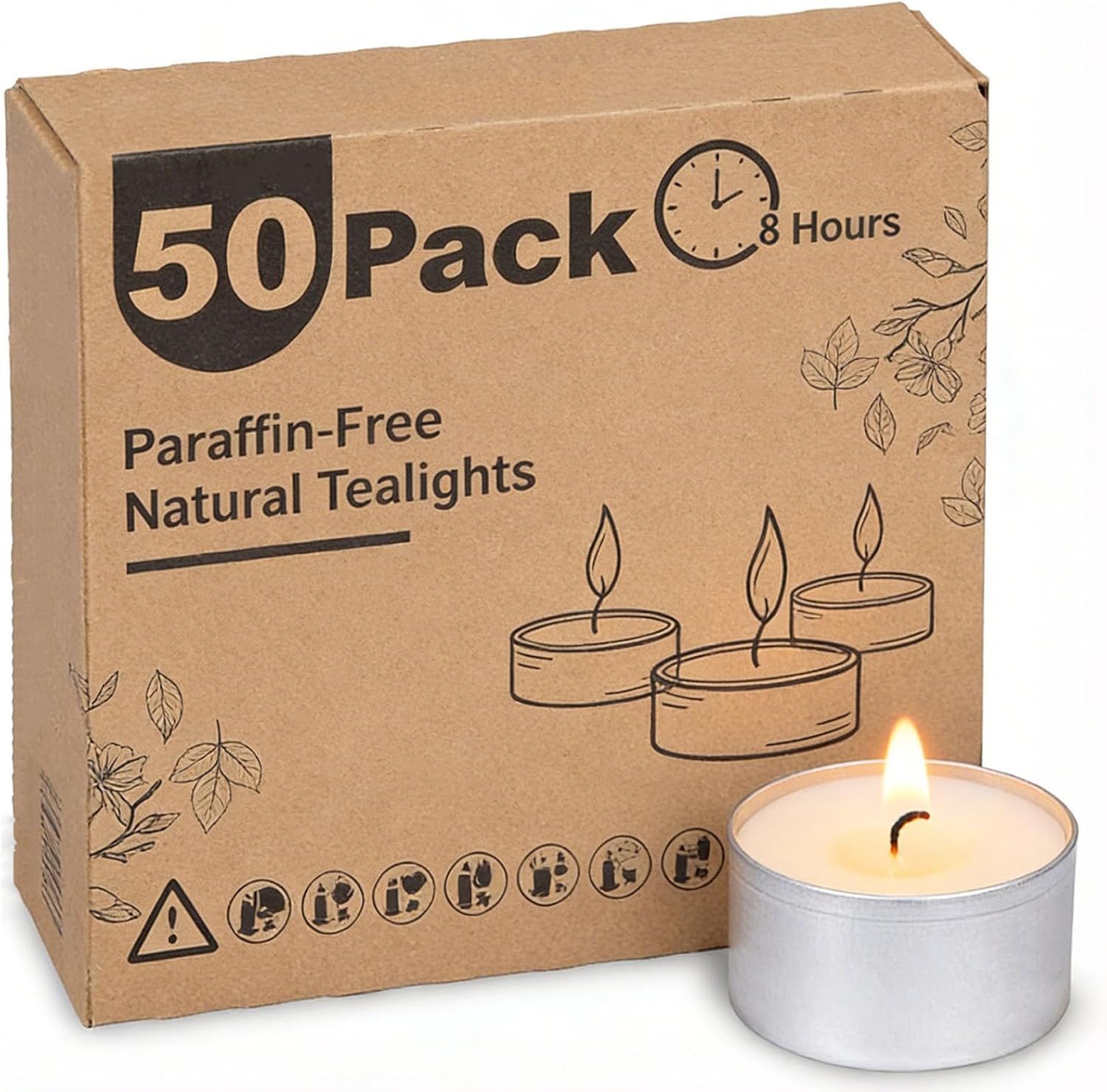 Detalle de 50 Pack 8 Hour Vegan Wax Tea Light Candles – Unscented with Cotton Wicks
