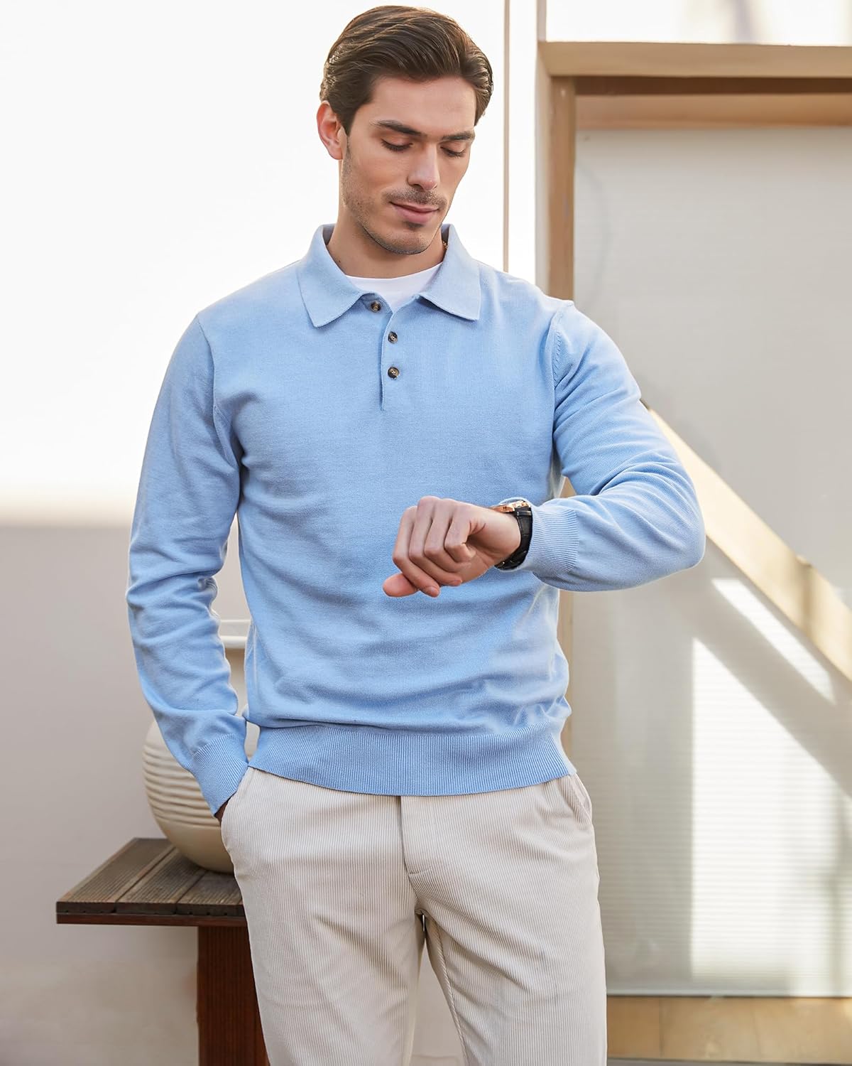 Detalle de Kallspin 100% Cotton Knit Polo Jumper, Long Sleeve – Regular Fit