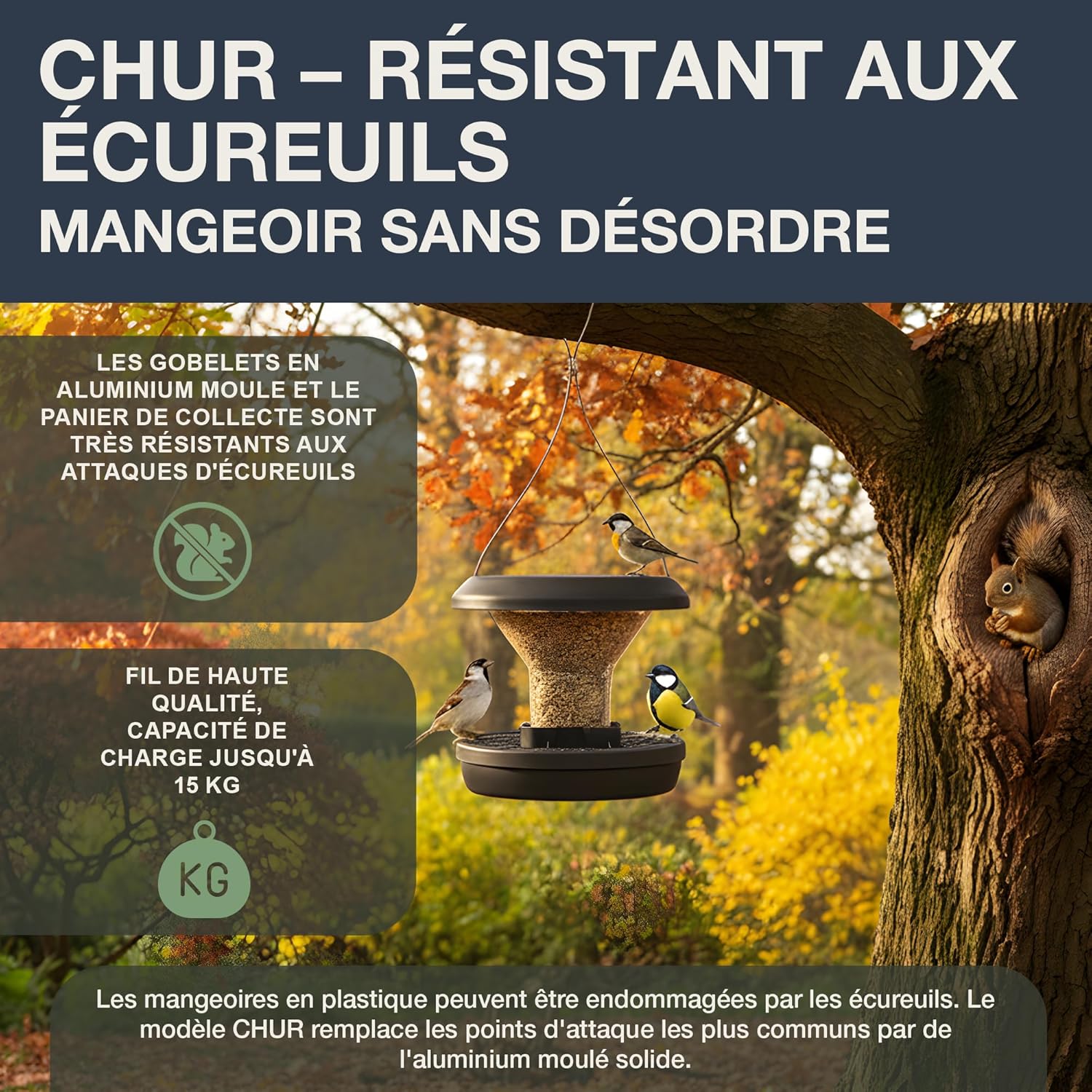 Detalle 2 de SWISSINNO Mangeoire à Oiseaux Smart Birds Chur — Haute Résistance aux Écureuils, Aluminium Moulé et Toit ASA