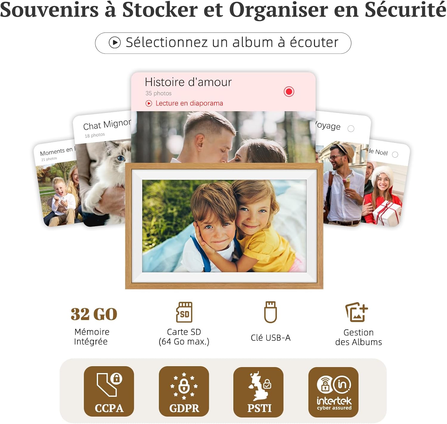Detalle de Apveelveer Frameo Cadre photo numérique WiFi 15,6 pouces 94% sRGB, 32 Go, tactile IPS (chêne)
