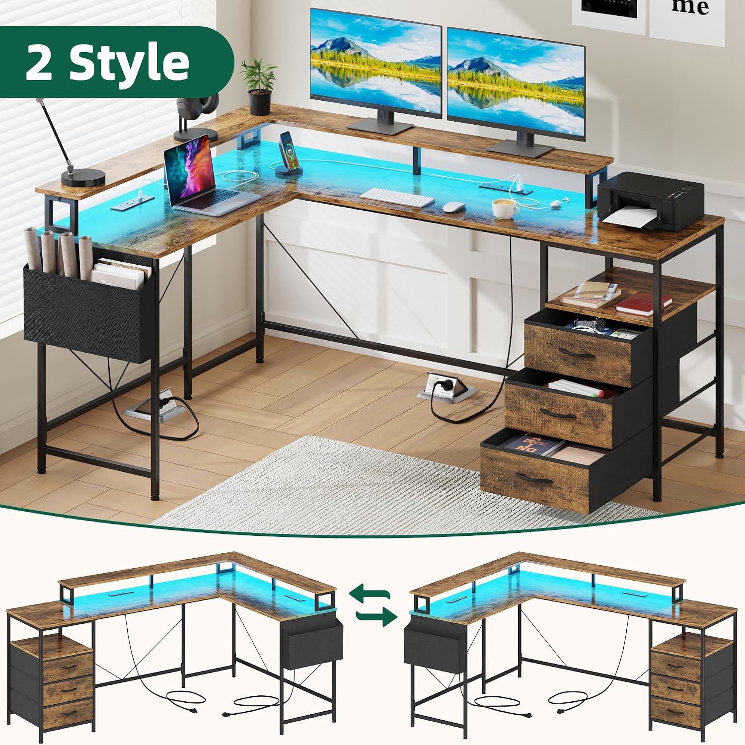 Thumbnail 6 de GYIIYUO L-Shaped Desk, 66+43.3-Inch, LED, Drawers and Monitor Stands