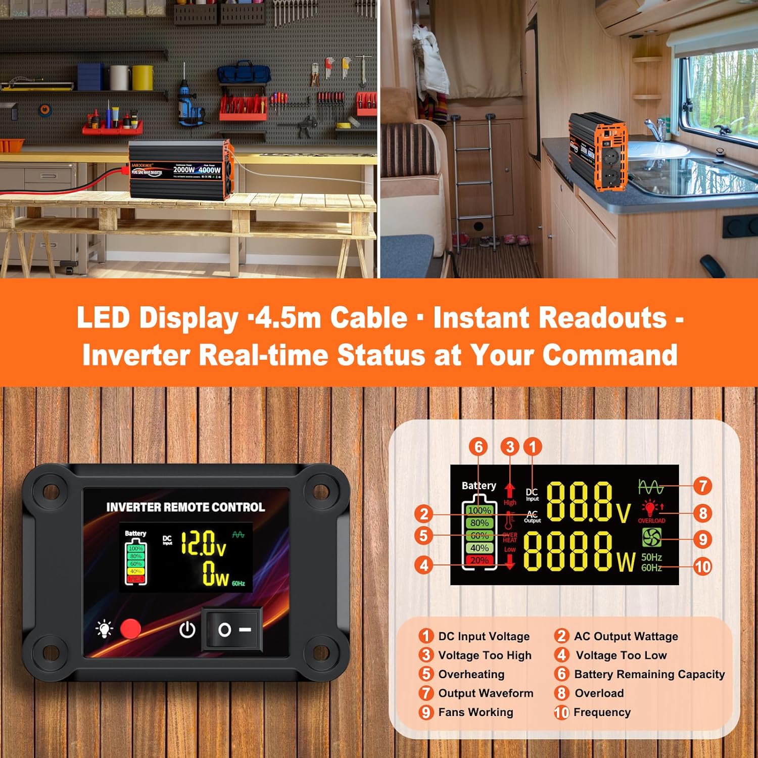 Thumbnail 1 de 12V-auf-230V Reiner Sinus Wechselrichter 2000W mit 2× EU-Steckdose, USB‑C (30W) und LCD-Fernbedienung