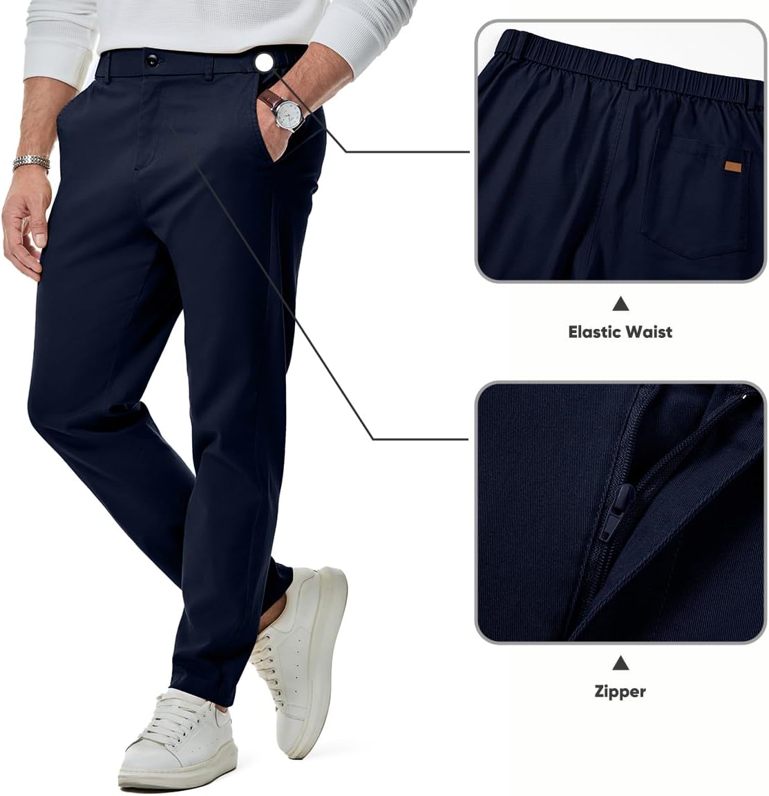 Thumbnail 3 de JMIERR Men's Chino Pants - Elastic Waist, Slim Tapered Fit for Casual, Golf & Work