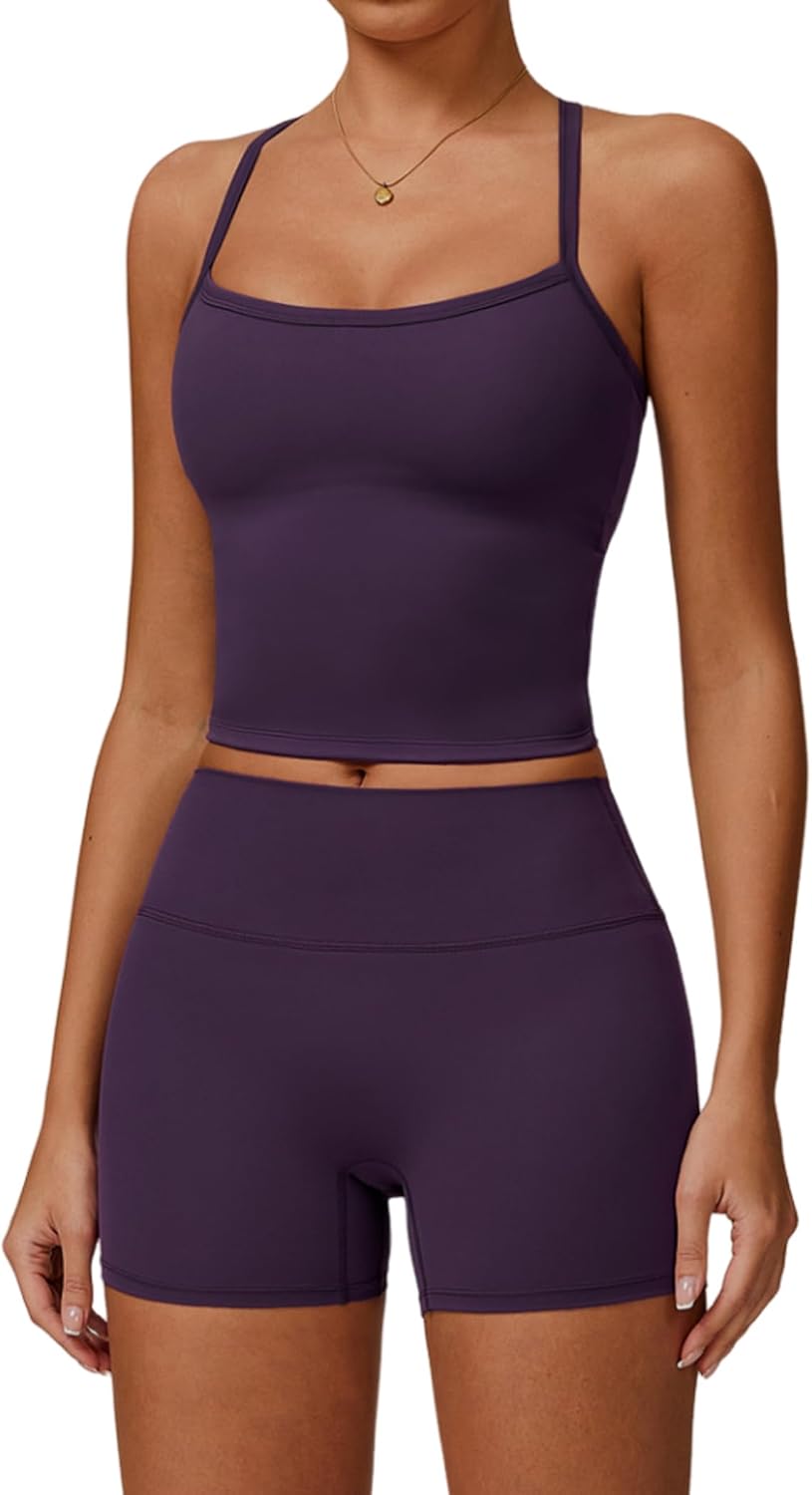 Detalle de QBGJTD Two Piece Workout Set for Women: Seamless Tank Top + High Waist Shorts