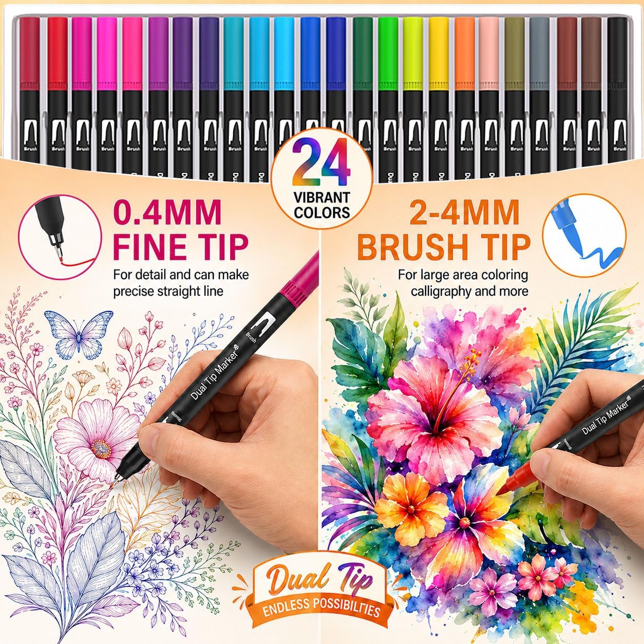 Thumbnail 2 de Vozuna 24 Colouring Pens for Adults – Dual Tip Brush Pens (Fine 0.4mm & Brush 1–2mm)