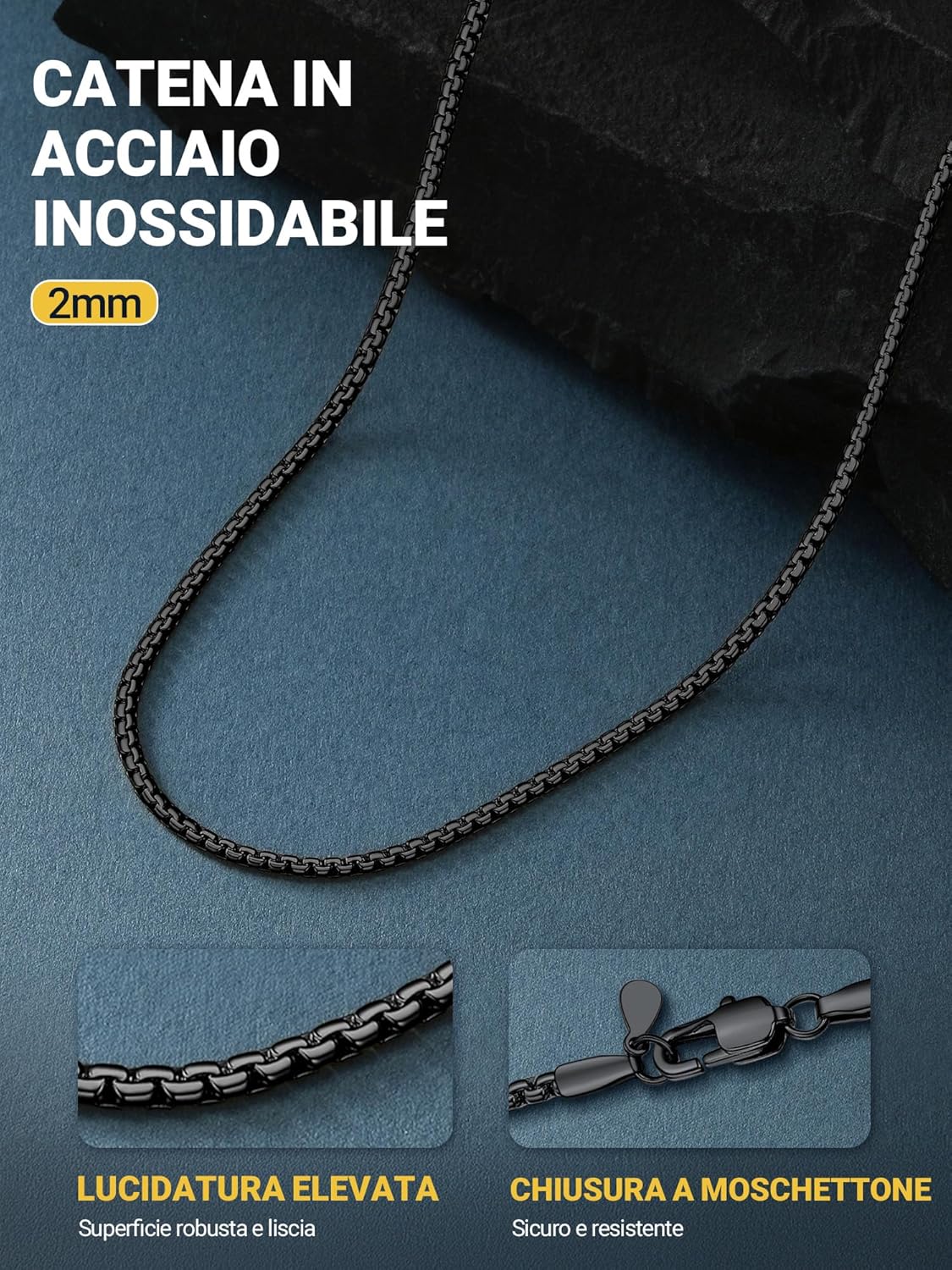 Thumbnail 2 de PROSTEEL collana da uomo a catena piatta in acciaio inox 316L, larghezza 4/6 mm, accento argento/nero/oro e confezione regalo
