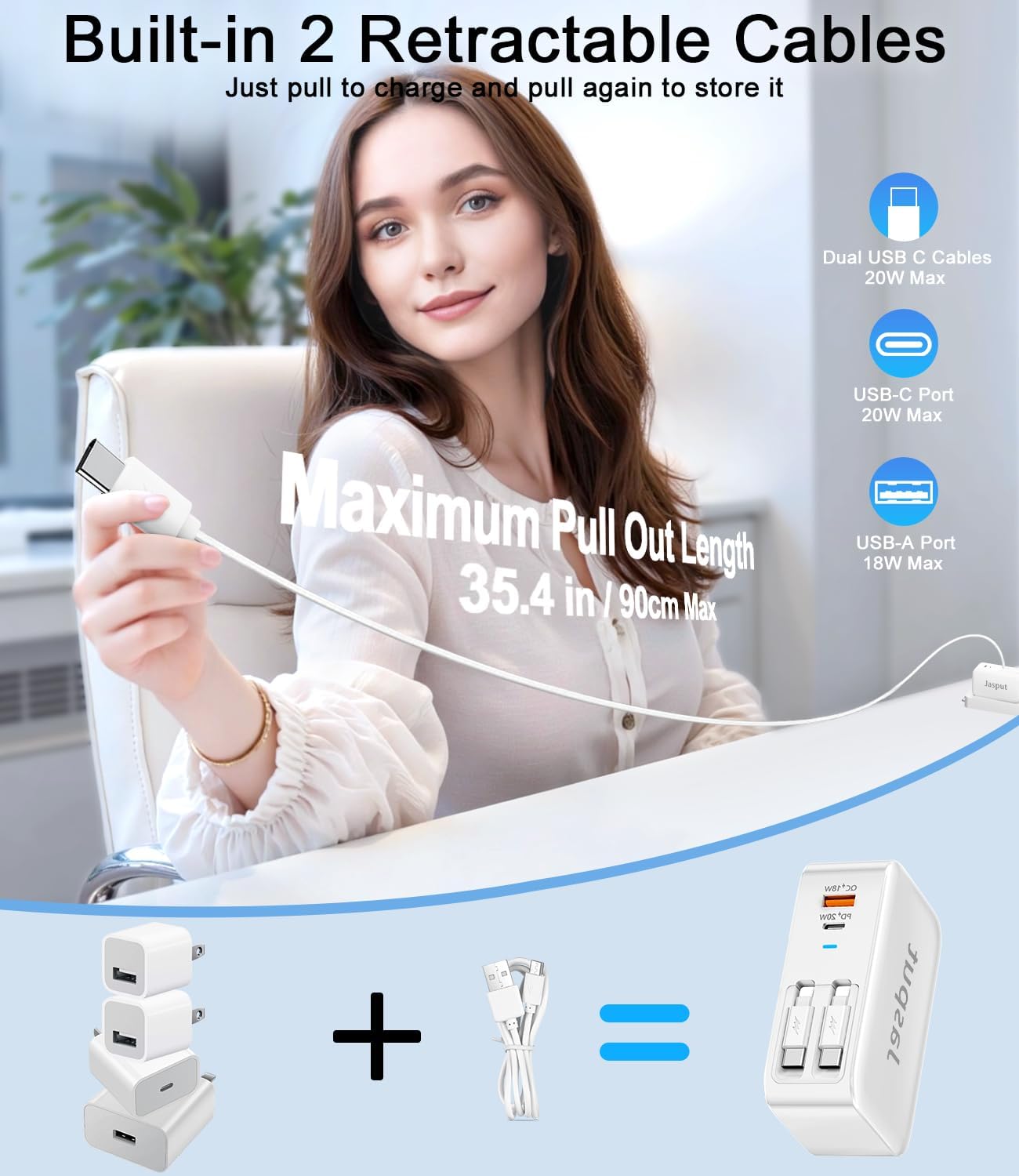 Thumbnail 1 de Jasput 4-in-1 Retractable Wall Charger (Dual Cables, 40W) with Dual USB Ports