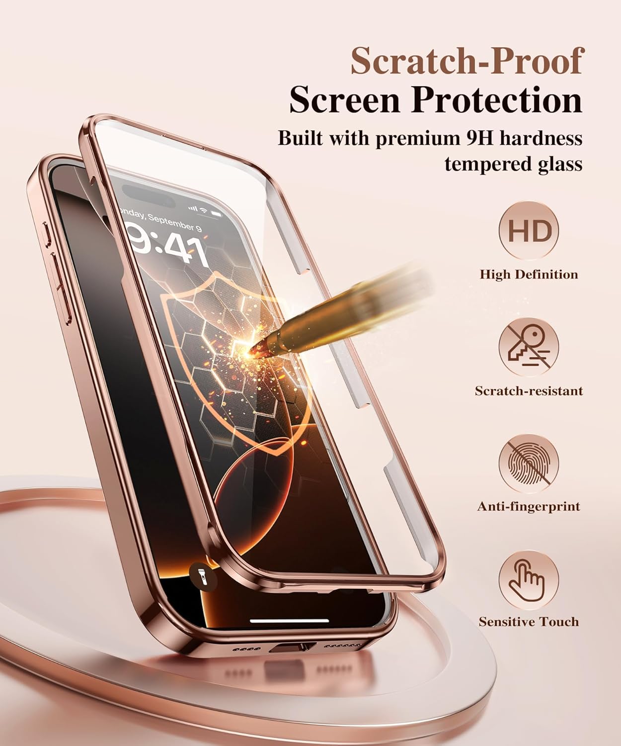 Detalle de BERFY iPhone 16 Pro Max Case with MagSafe, Built-in 9H Glass Screen Protector, and 360° Rotating Stand – Clear Rose Gold