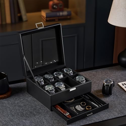 Detalle 2 de ProCase caja para 8 relojes de doble nivel con tapa de cristal, negra