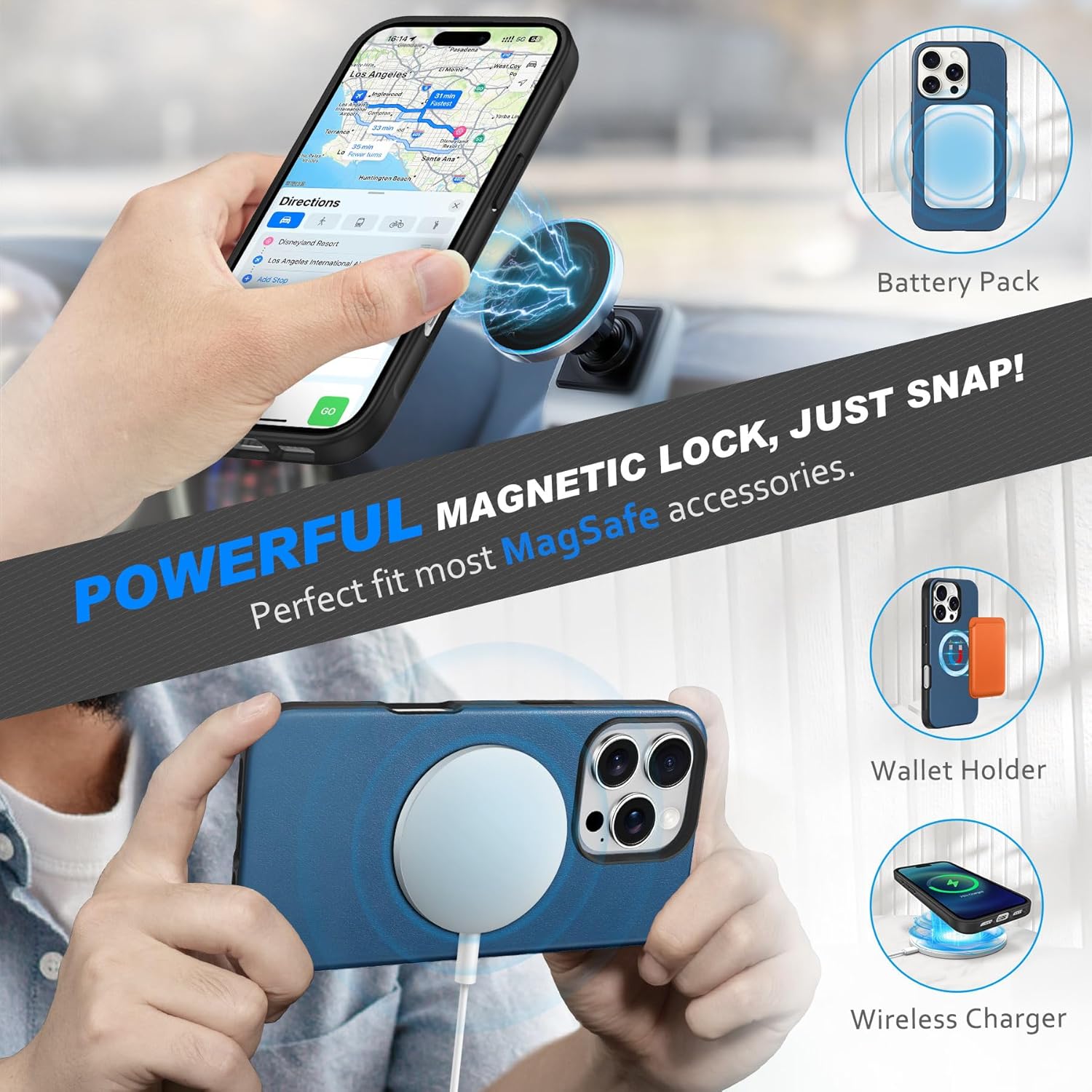 Detalle de SHIELDON Hülle für iPhone 16 Pro Max – Echtleder 2-in-1 Wallet Case, Königsblau