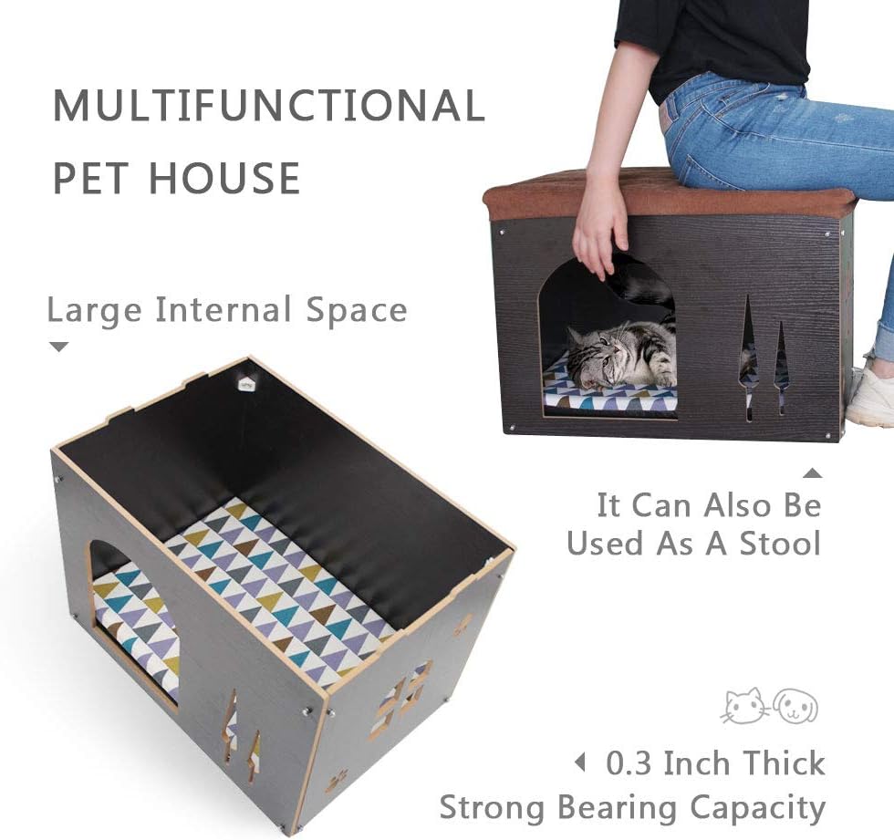 Thumbnail 3 de Cat Pet Bed House Footstool Style Cat Cave Puppy Kennel (Foldable) with Free Pet Cushion, Black XL
